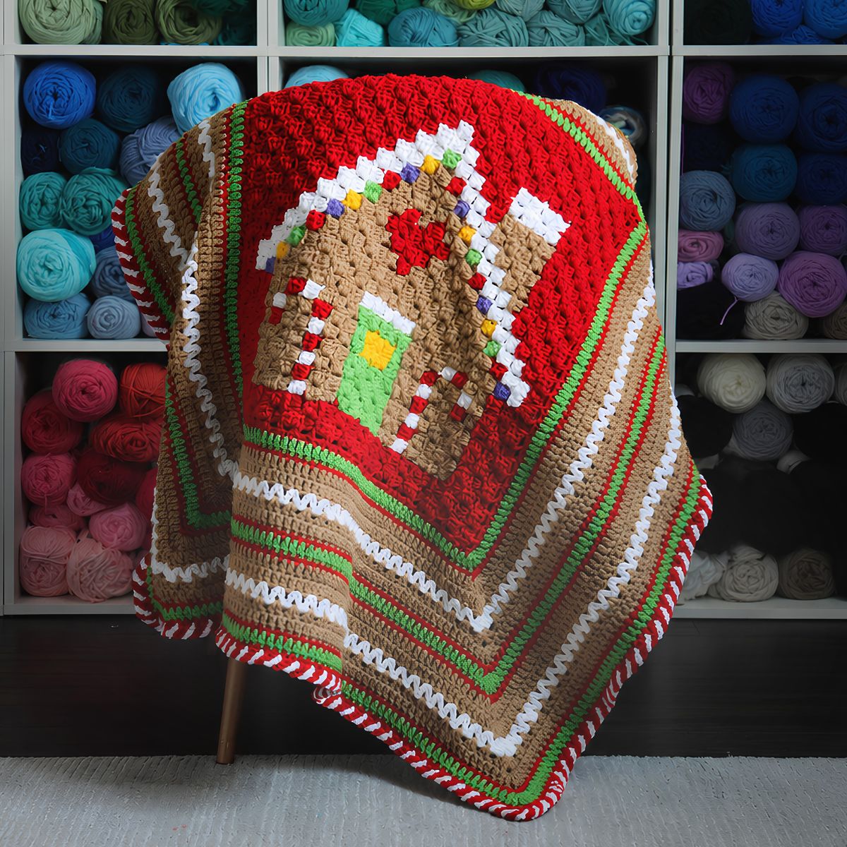 A handmade crocheted blanket featuring a gingerbread house design, draped over a chair in front of a shelf filled with colorful yarn skeins.