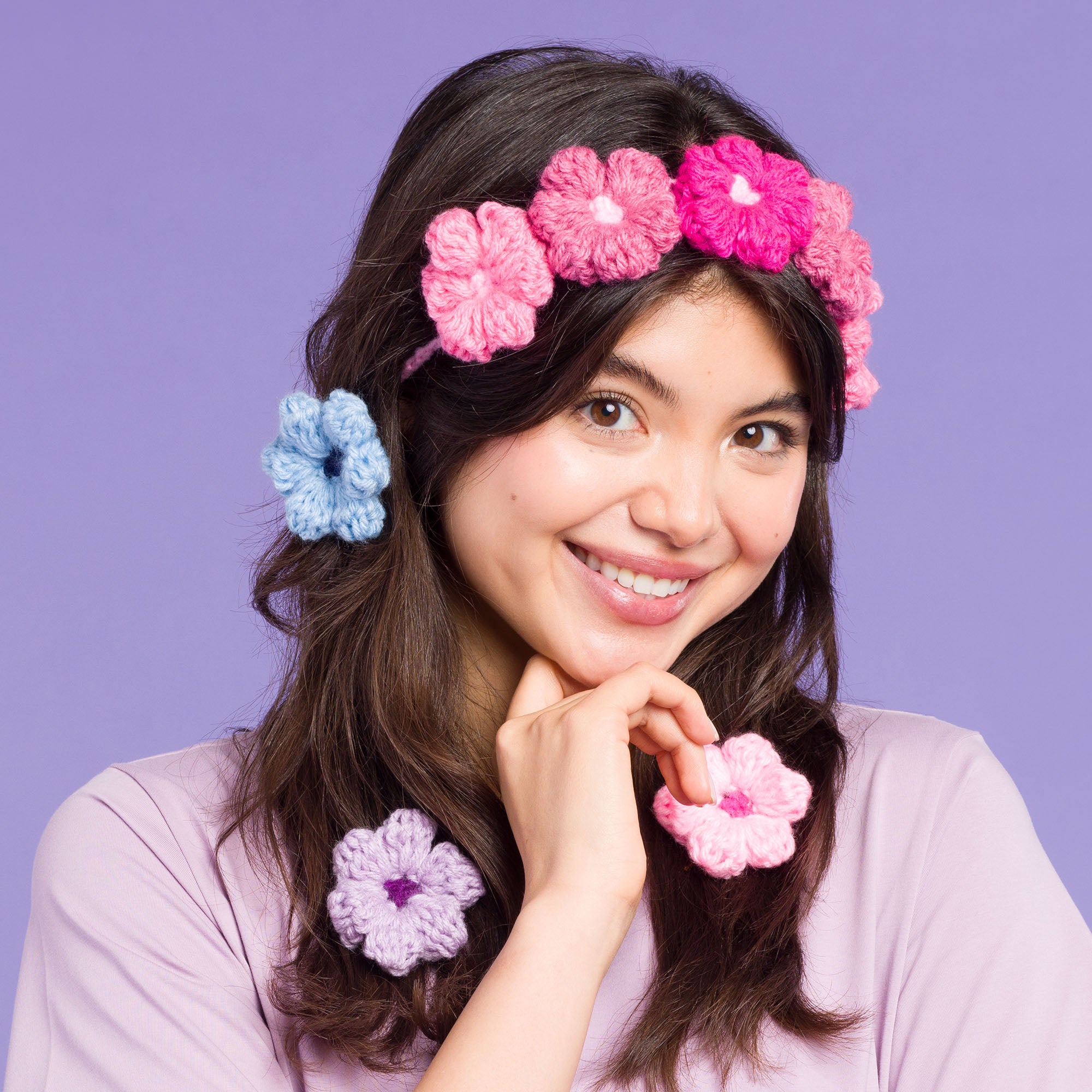 Free Easy Red Heart Puffy Flower Crochet Hairband & Hair Clips