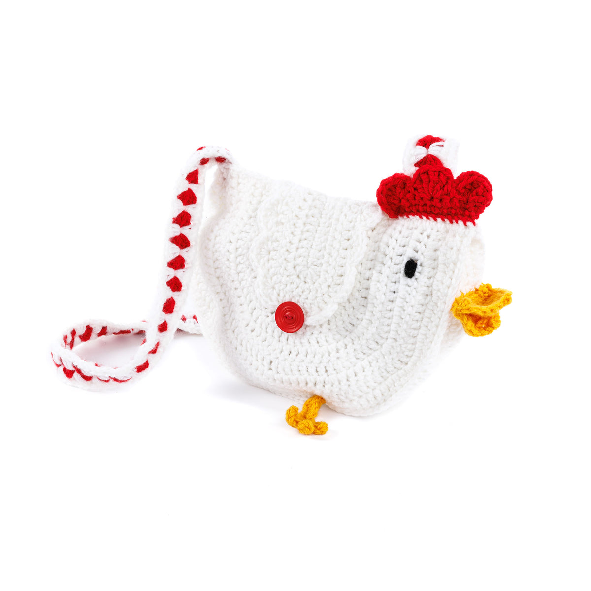 Crochet chicken shaped bag made with Red Heart yarns.