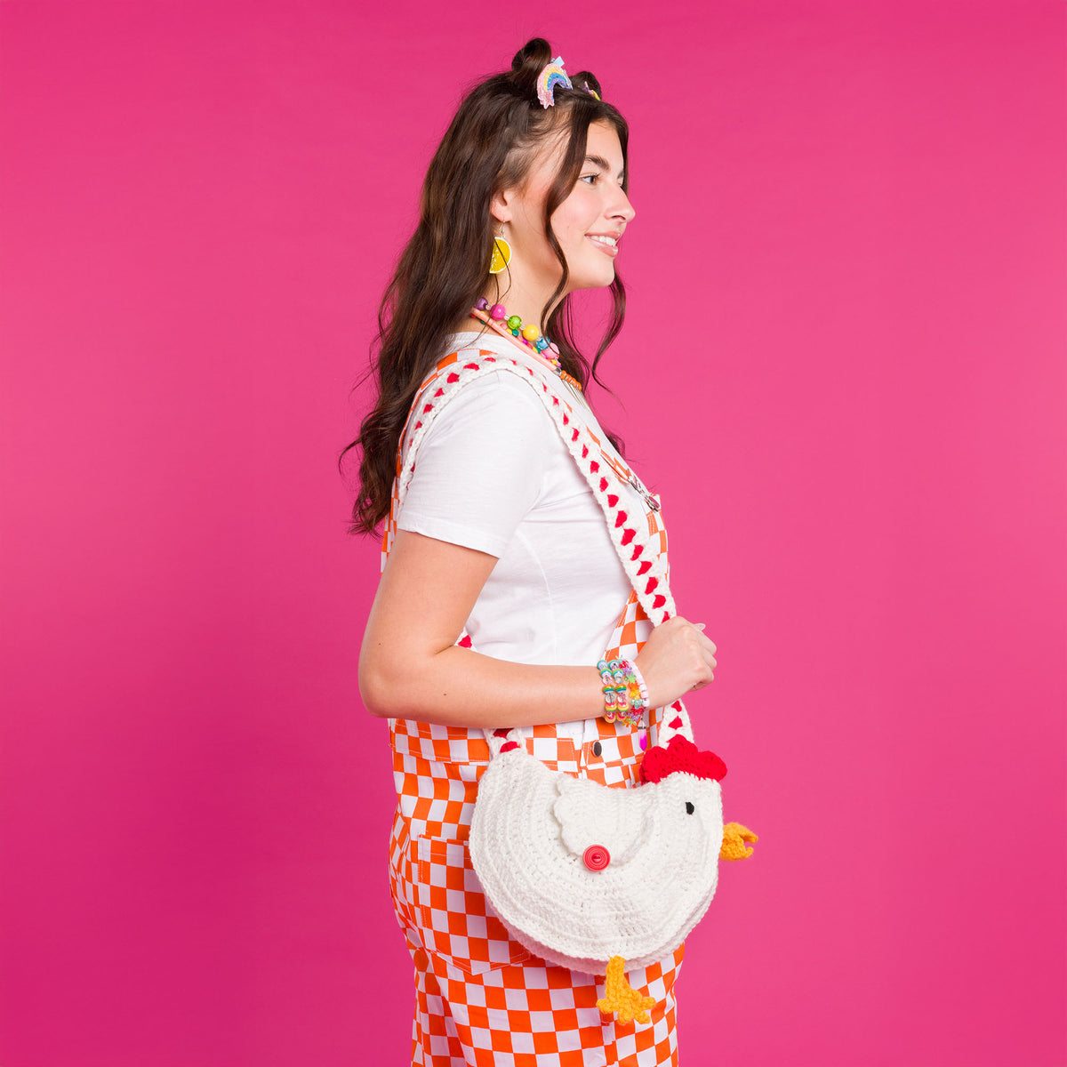 Crochet chicken shaped bag made with Red Heart yarns.