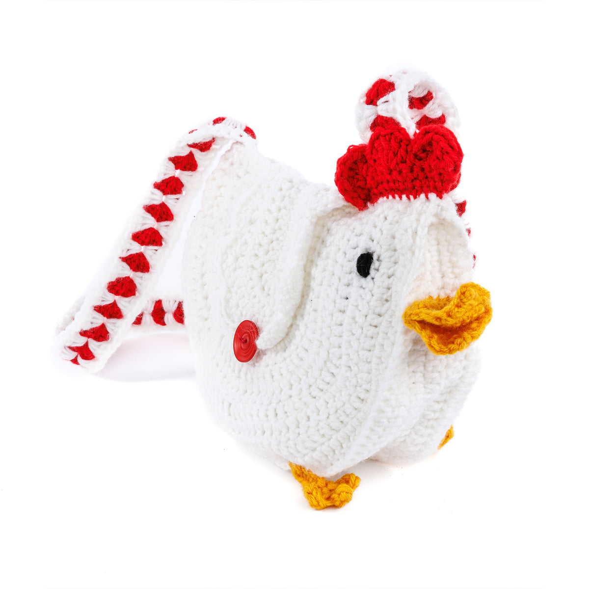 Crochet chicken shaped bag made with Red Heart yarns.