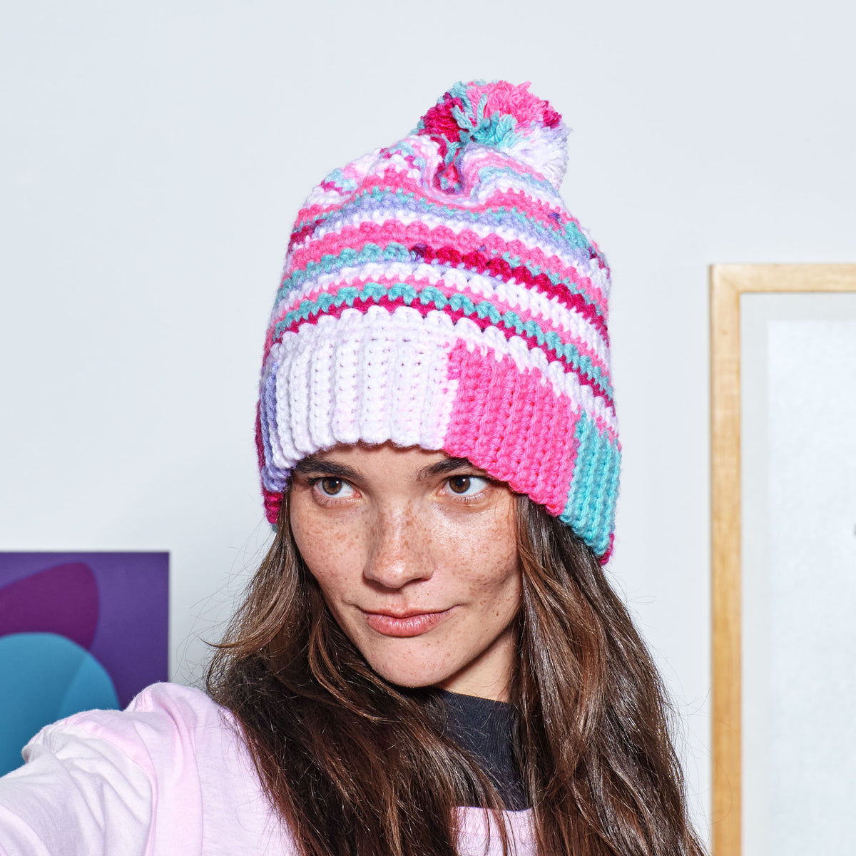 Crochet Hat made in Red Heart All in One Granny Square Yarn