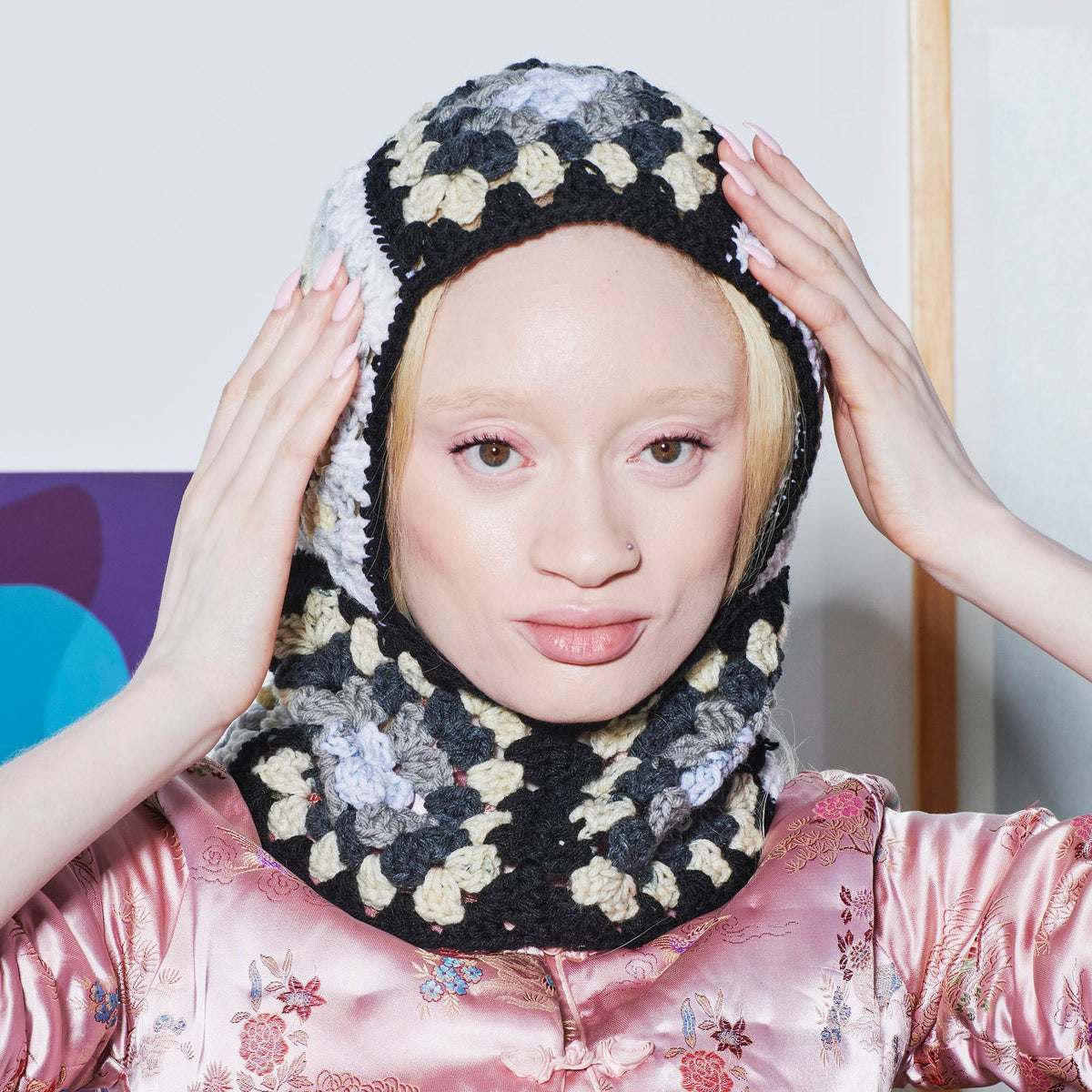 Crochet Balaclava made in Red Heart All in One Granny Square Yarn