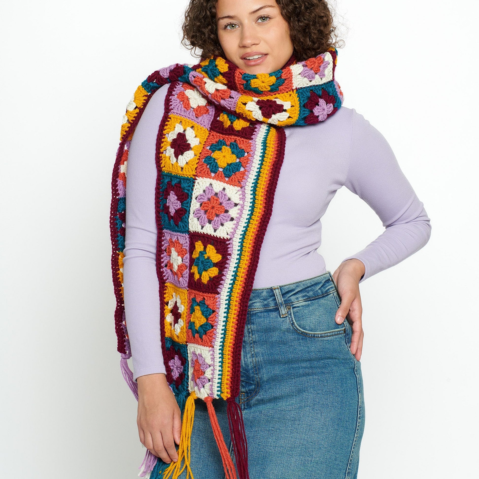 Free Red Heart Granny Squares & Stripes Crochet Scarf Pattern