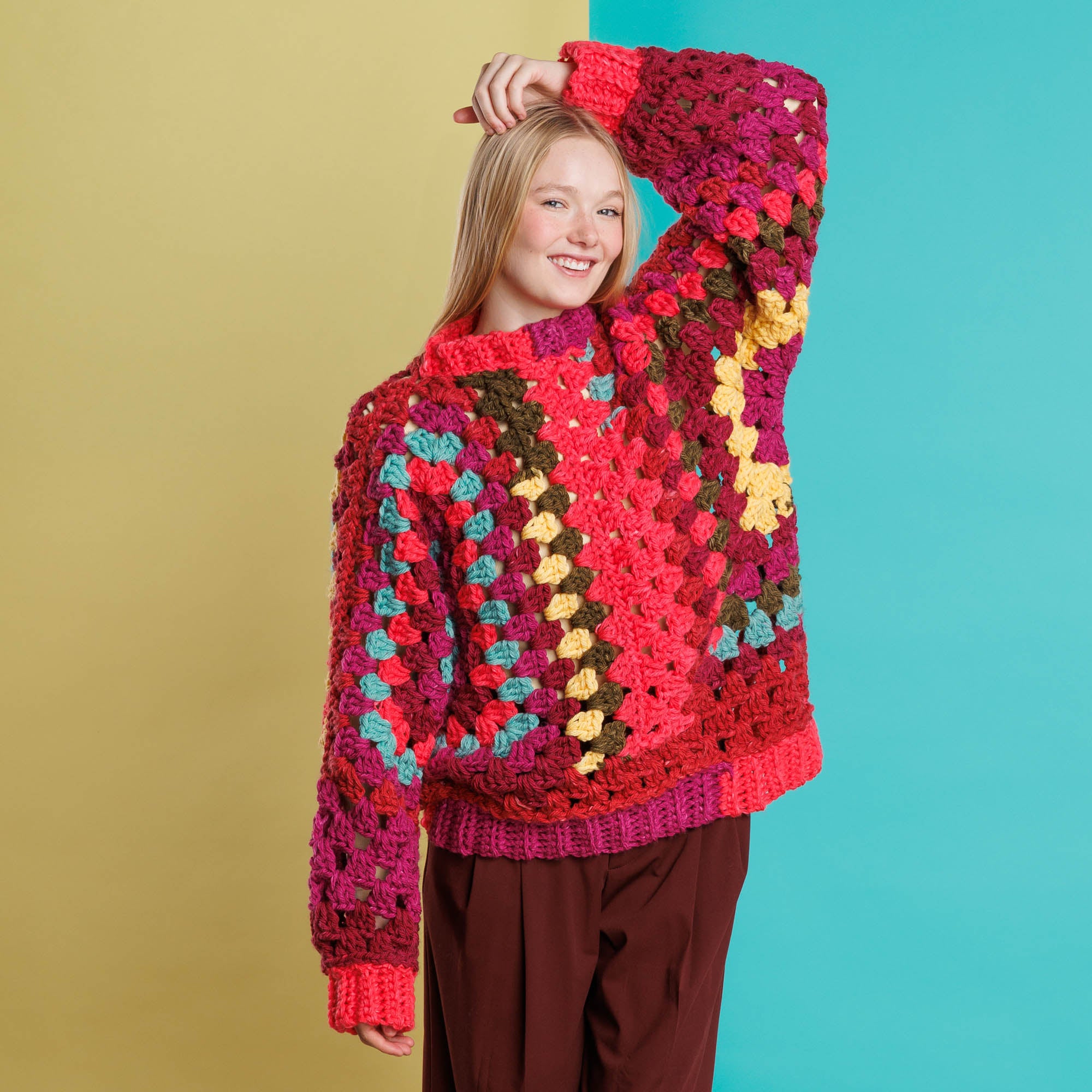 Free Easy Red Heart Love My Crochet Hexi Colorful Pullover Pattern