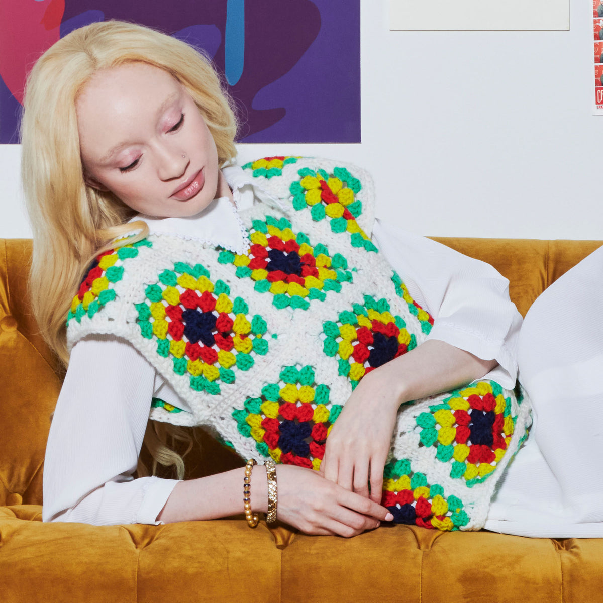 Crochet T-shirt made in Red Heart All in One Granny Square Yarn