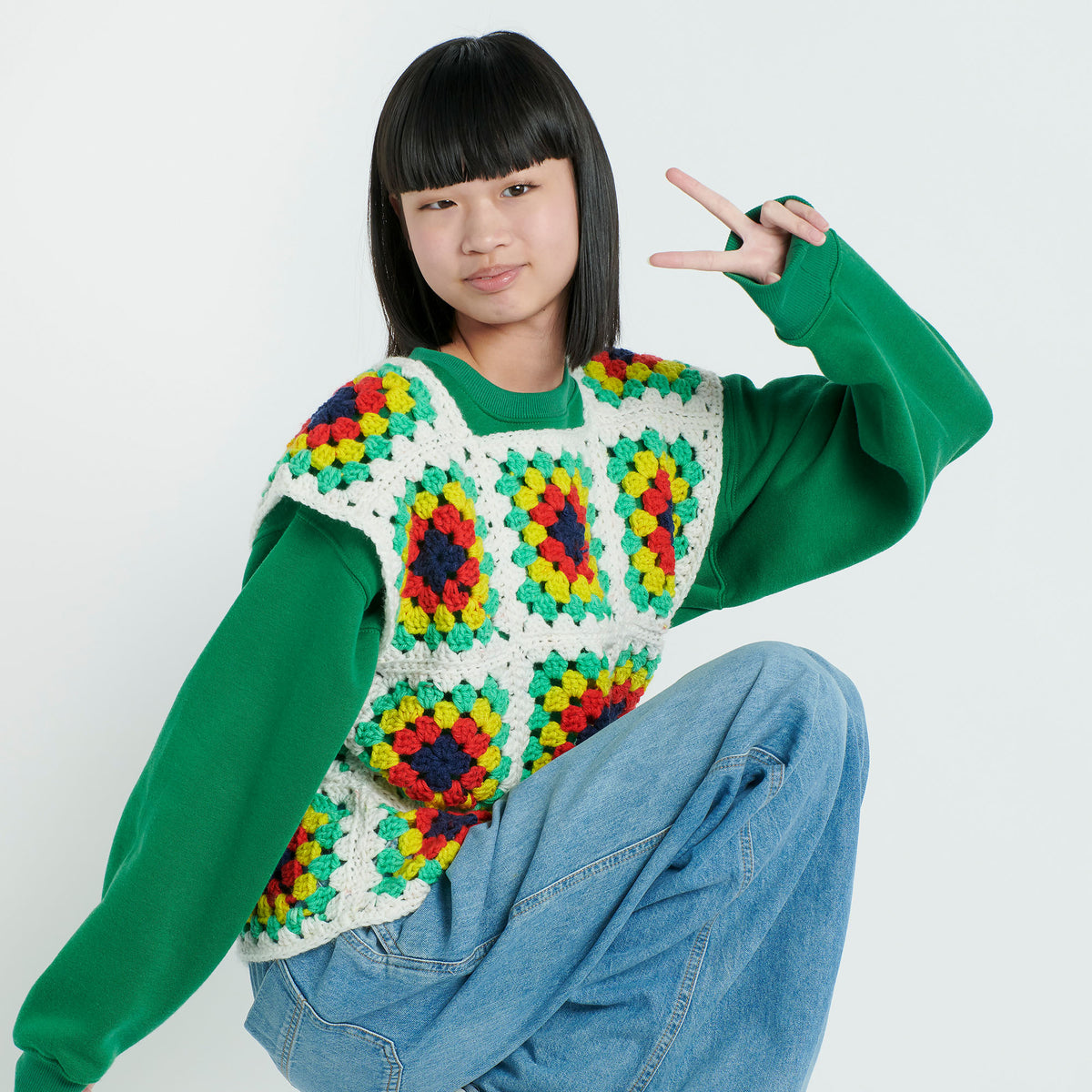 Crochet T-shirt made in Red Heart All in One Granny Square Yarn