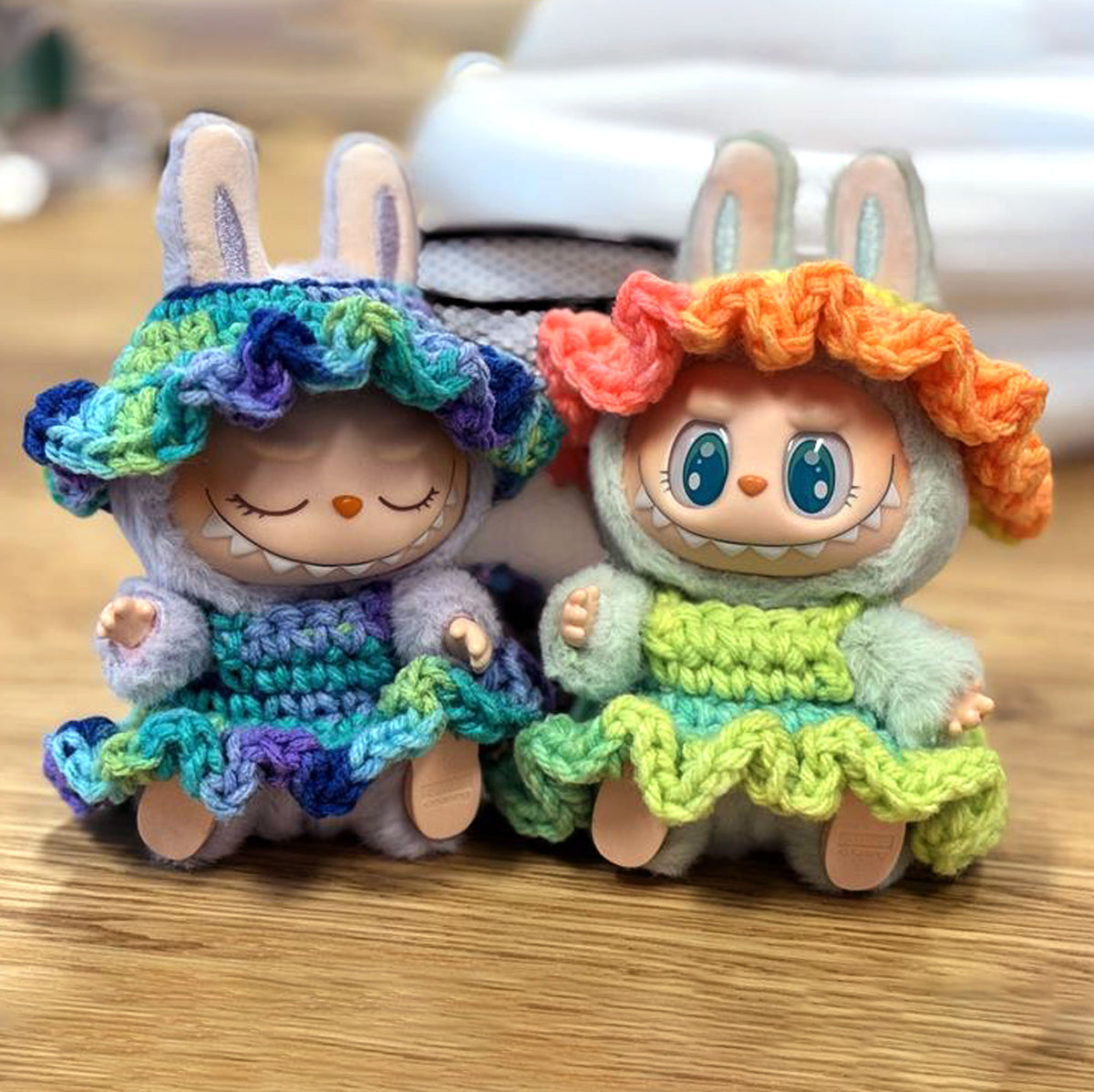 Crocheted cloths for Labubu dolls made using Red Heart Yarns, All Variants