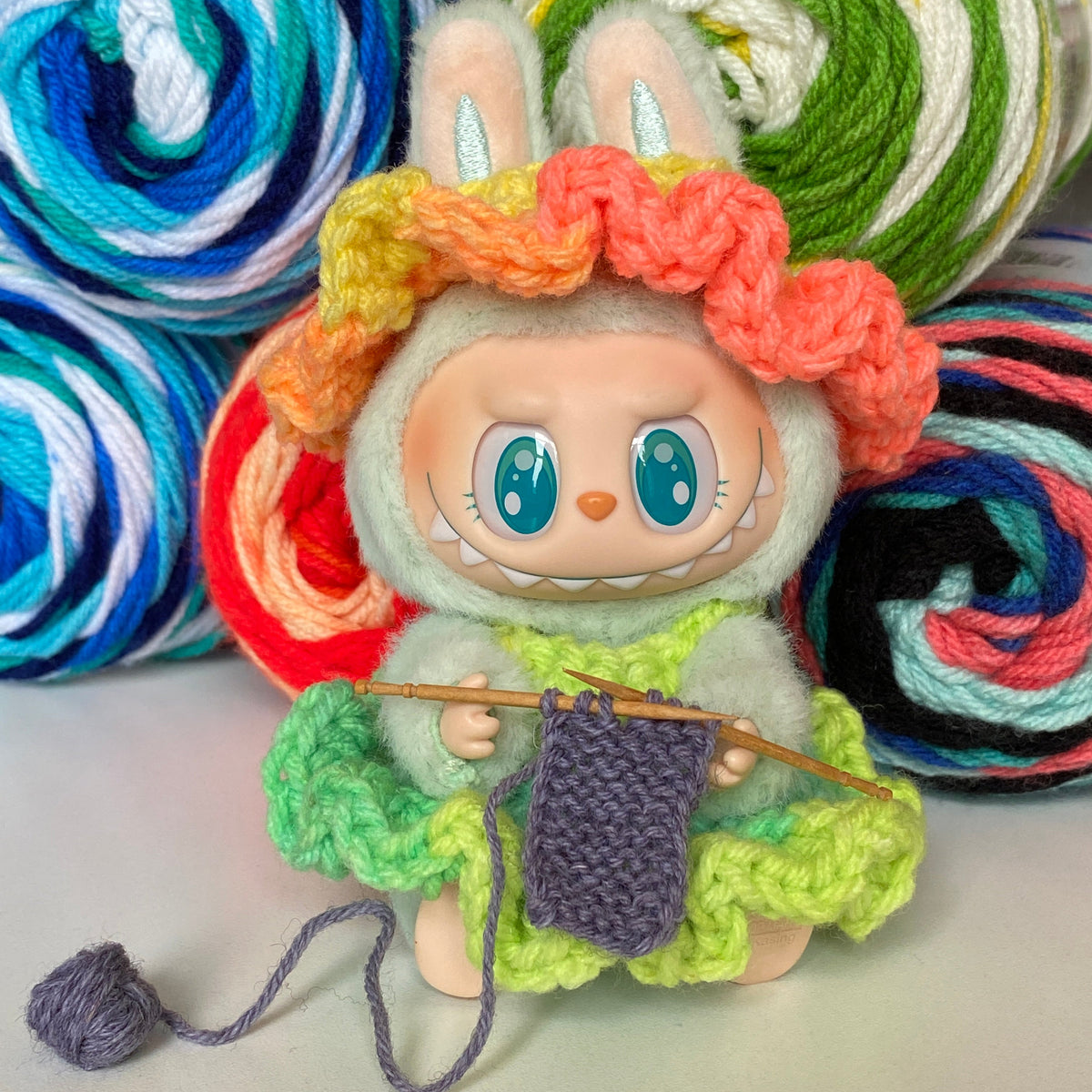Crocheted cloths for Labubu dolls made using Red Heart Yarns, All Variants