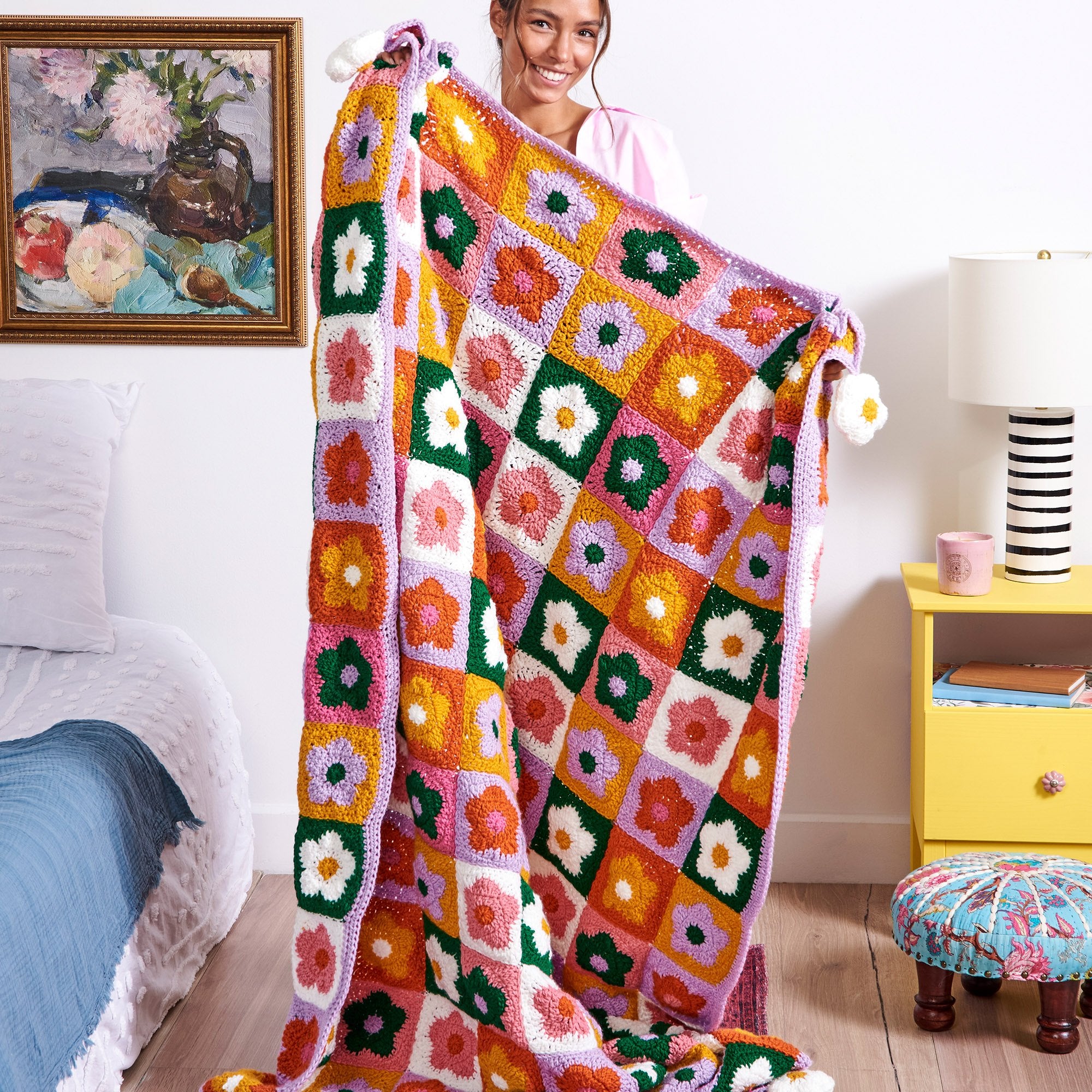 TOYOBO DIA Blanket 710 花柄 Free Easy Red Heart Field of Daisies Crochet Blanket Pattern