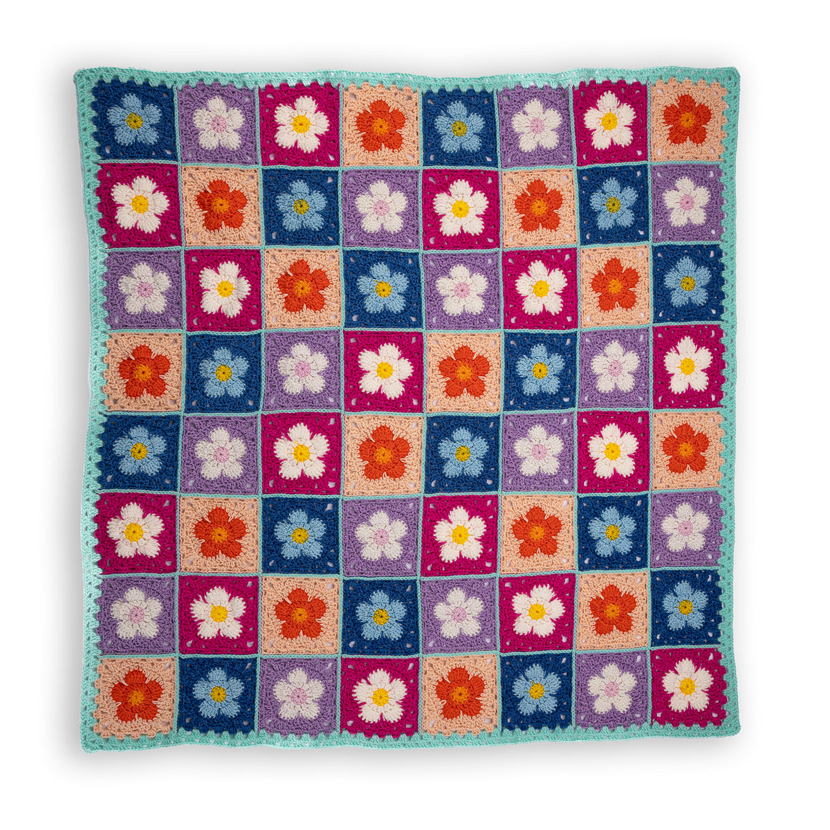 A crocheted blanket with a colorful floral pattern made using Red Heart All in One Flower Power yarn, Version 2