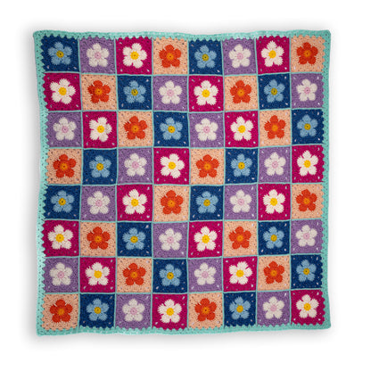 Red Heart Crochet Flower Bed Blanket A crocheted blanket with a colorful floral pattern made using Red Heart All in One Flower Power yarn, Version 2