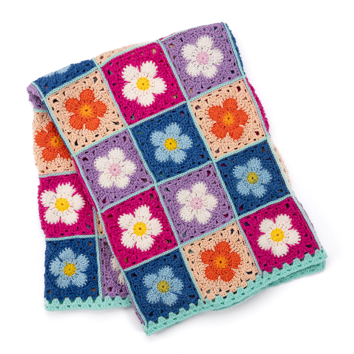 A crocheted blanket with a colorful floral pattern made using Red Heart All in One Flower Power yarn, Version 2