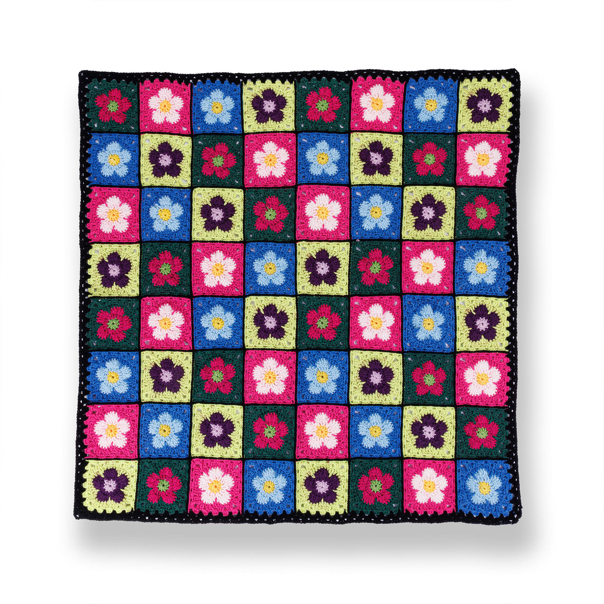 A crocheted blanket with a colorful floral pattern made using Red Heart All in One Flower Power yarn, Version 1