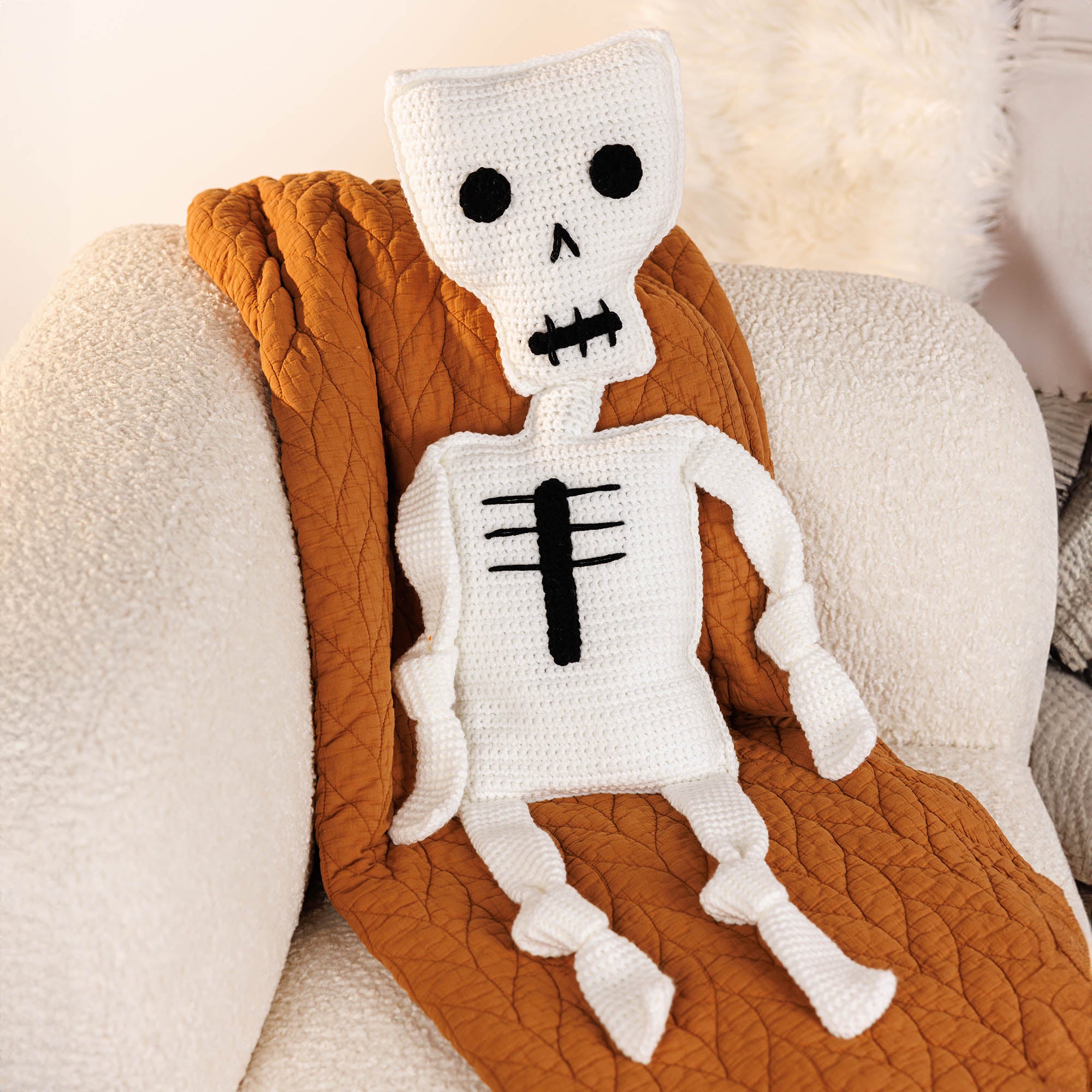 Free Easy Red Heart Crochet Mr. Bones Skeleton Pillow Pattern