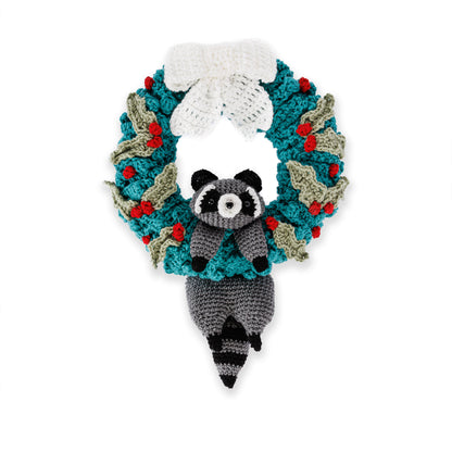 Red Heart Merry Mischief Crochet Wreath Crocheted raccoon with a crocheted wreath using Red Heart yarns.