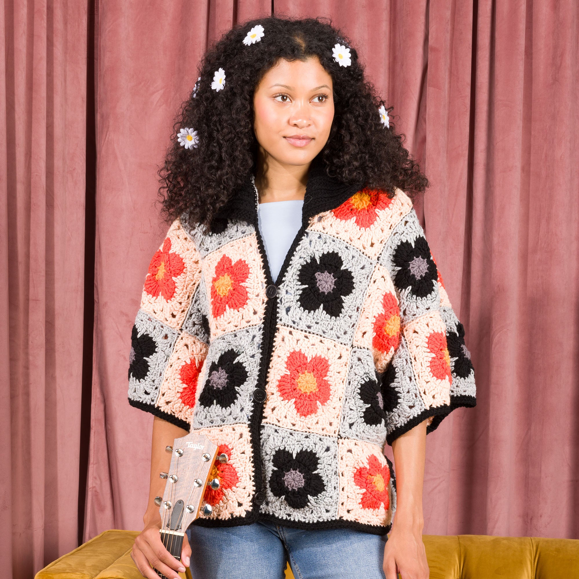 Free Easy Red Heart Blooming Grannies Crochet Cardigan Pattern