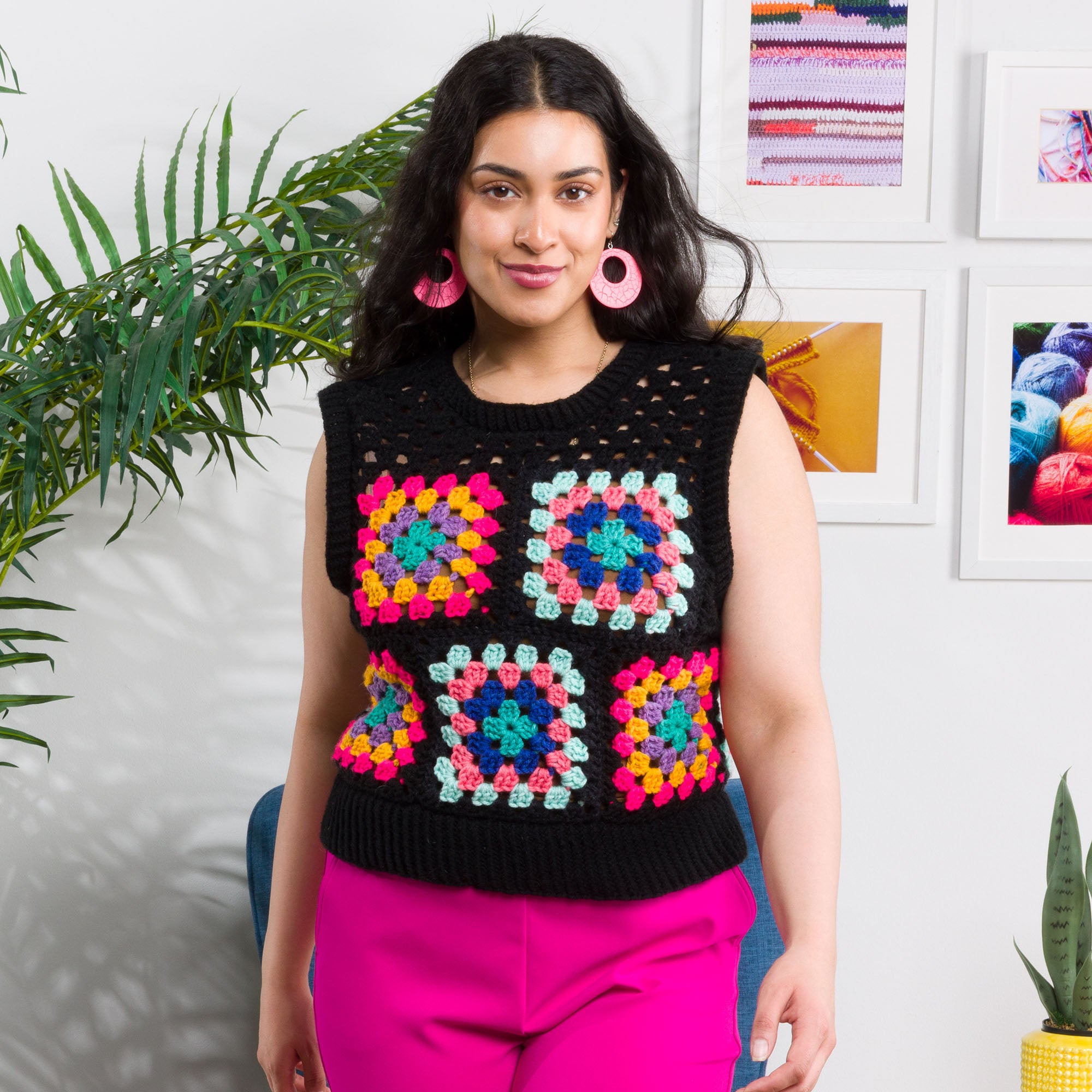 Free Easy Red Heart Crochet Granny Vest with Knit Details Pattern