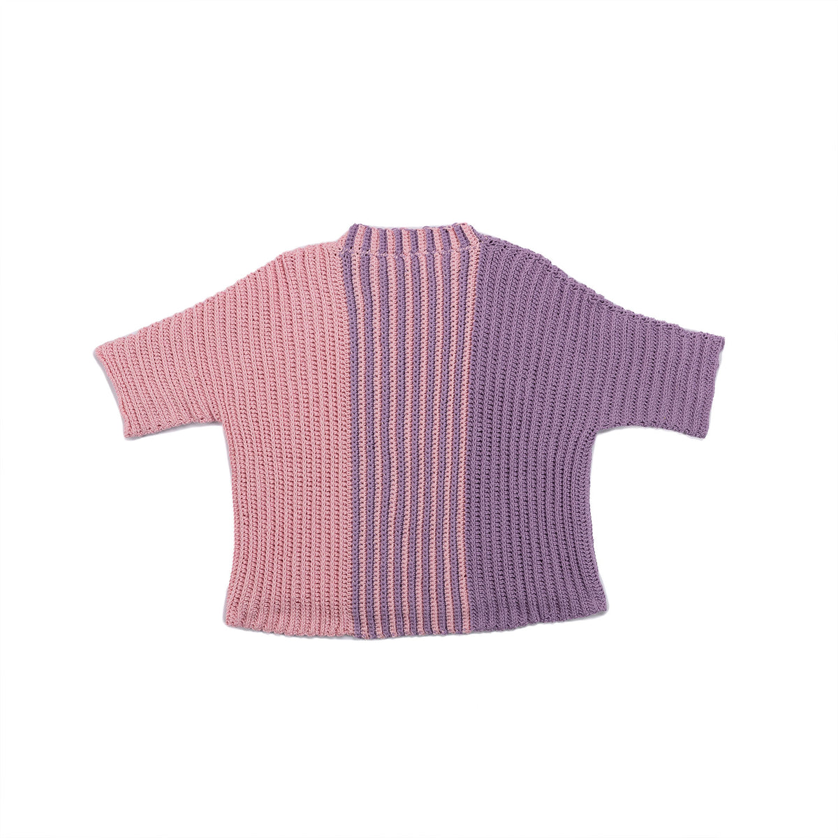 Crochet sweater with purple and pink gradient made using Red Heart Yarns.