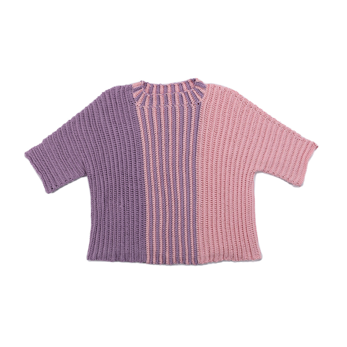 Crochet sweater with purple and pink gradient made using Red Heart Yarns.