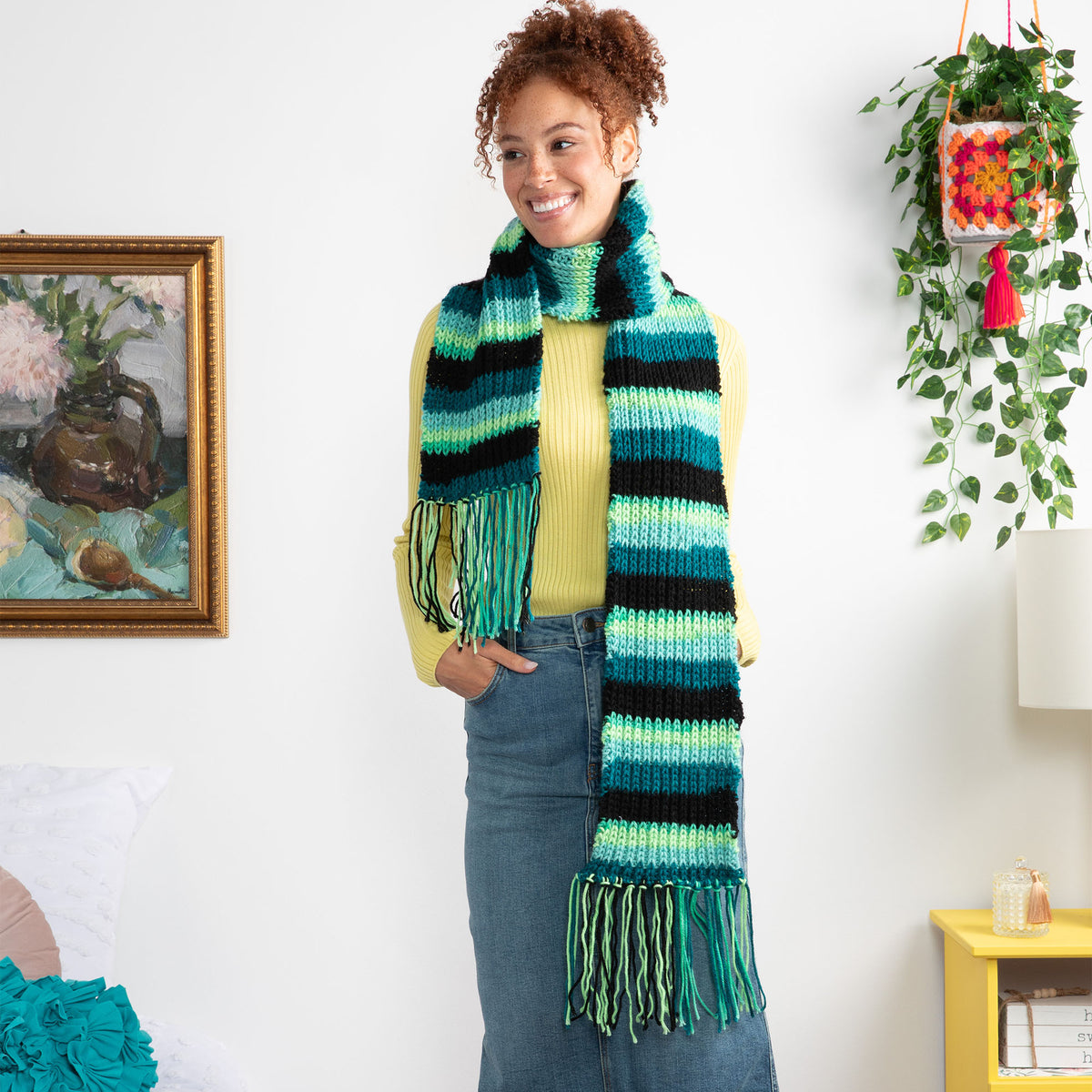 Knit Scarf made in Red Heart All in One Granny Square Yarn