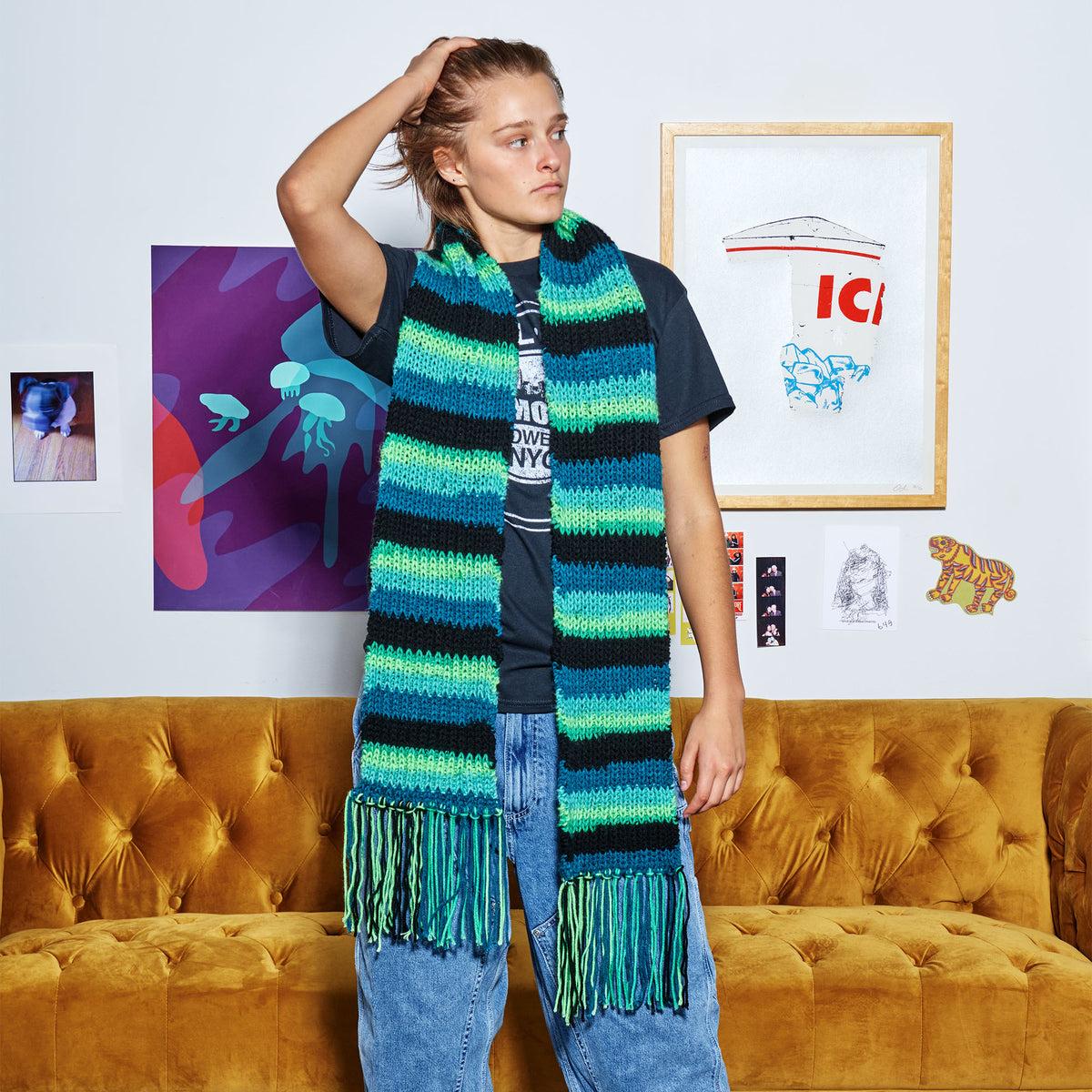 Knit Scarf made in Red Heart All in One Granny Square Yarn