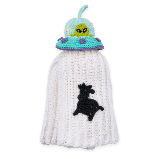 Beam Me Up Crochet Tea Towel And Topper made using Lily yarn on a white background