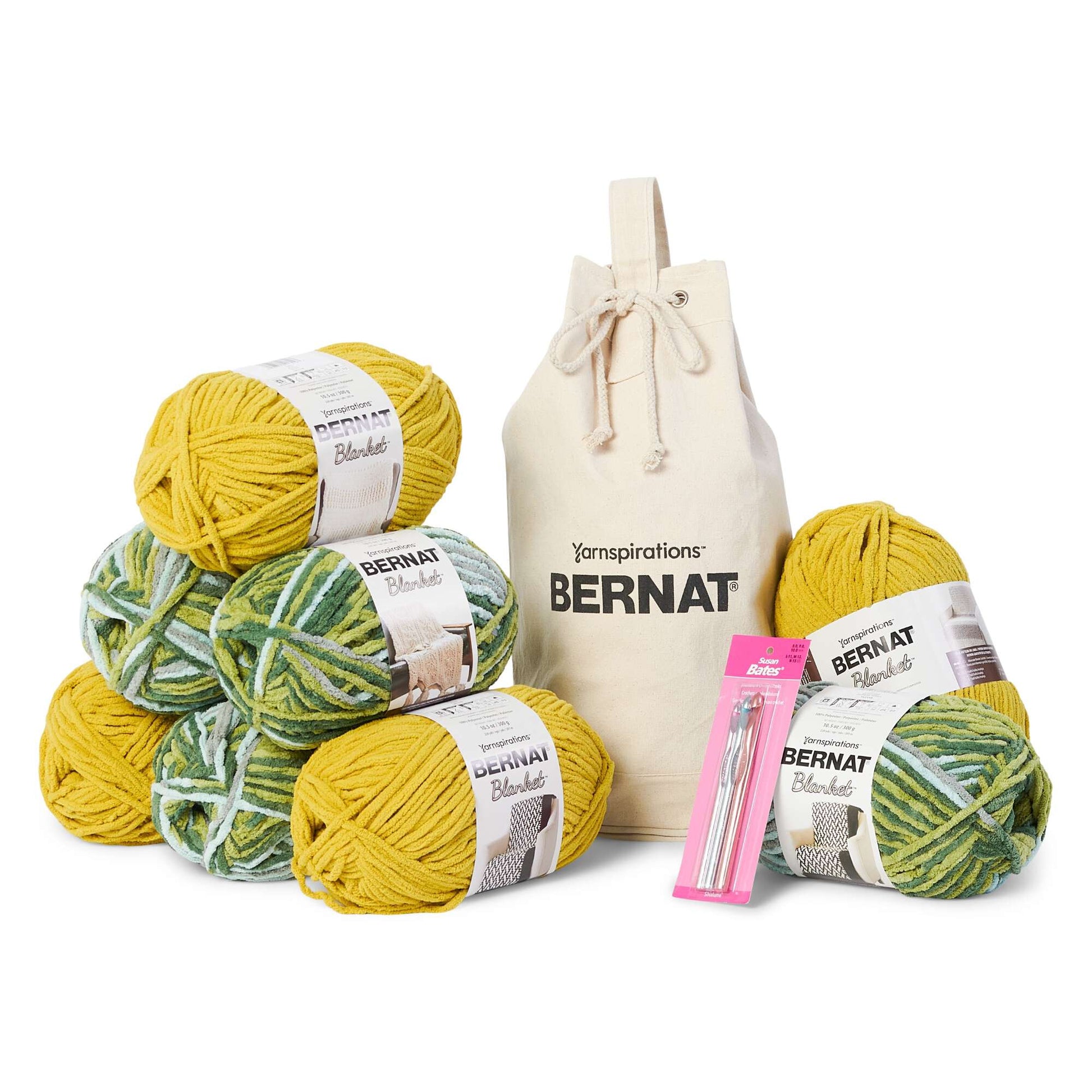 Bernat Blanket Yarn Crochet Value Pack with Canvas Bag Moss & Forest Sage