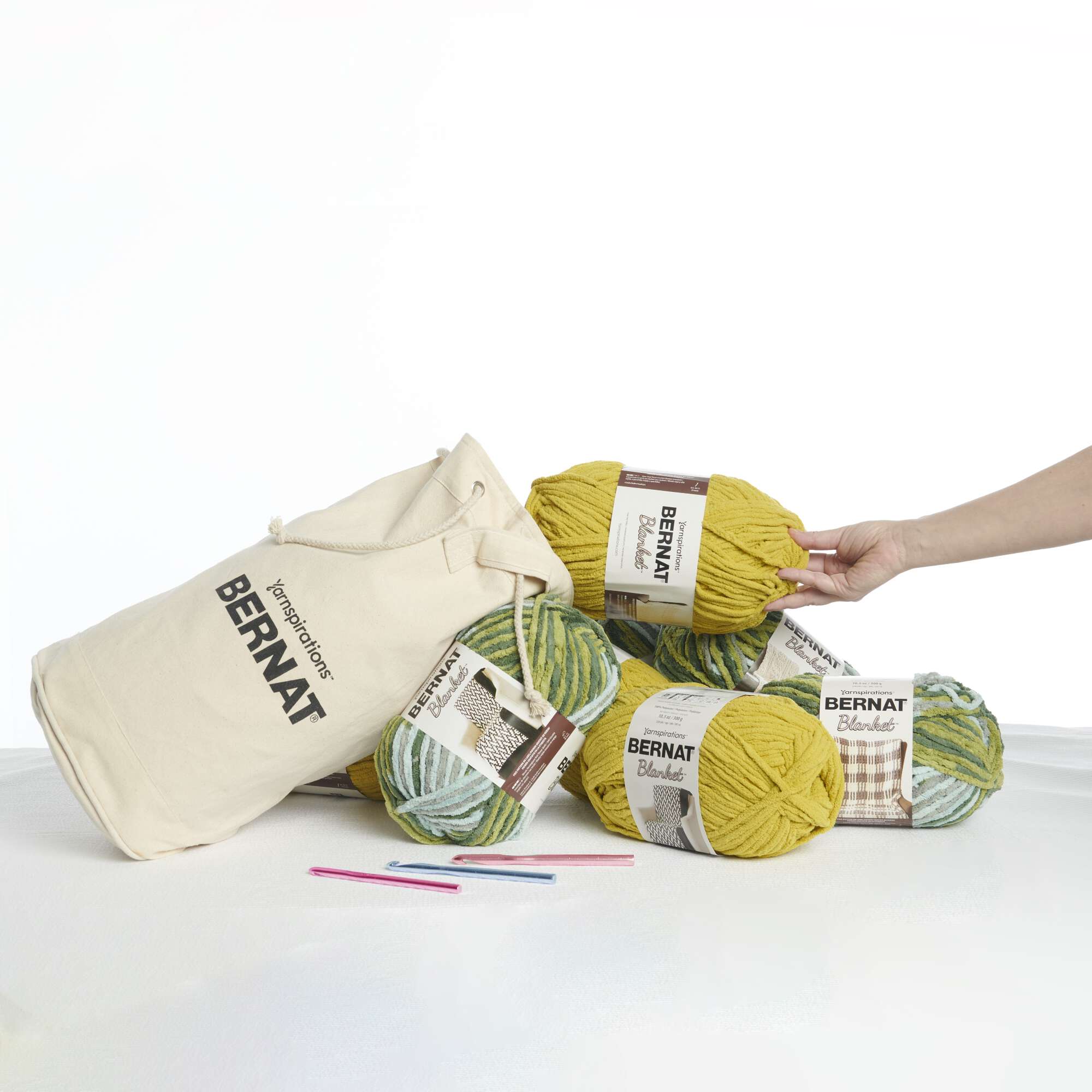 Bernat Blanket Yarn Crochet Value Pack with Canvas Bag in Moss/Forest Sage | by Yarnspirations