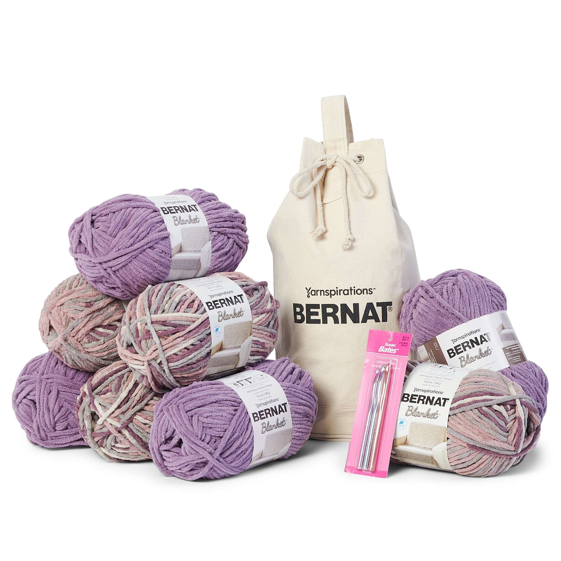 Bernat Blanket Yarn Crochet Value Pack with Canvas Bag Purple Haze & Shadow Purple