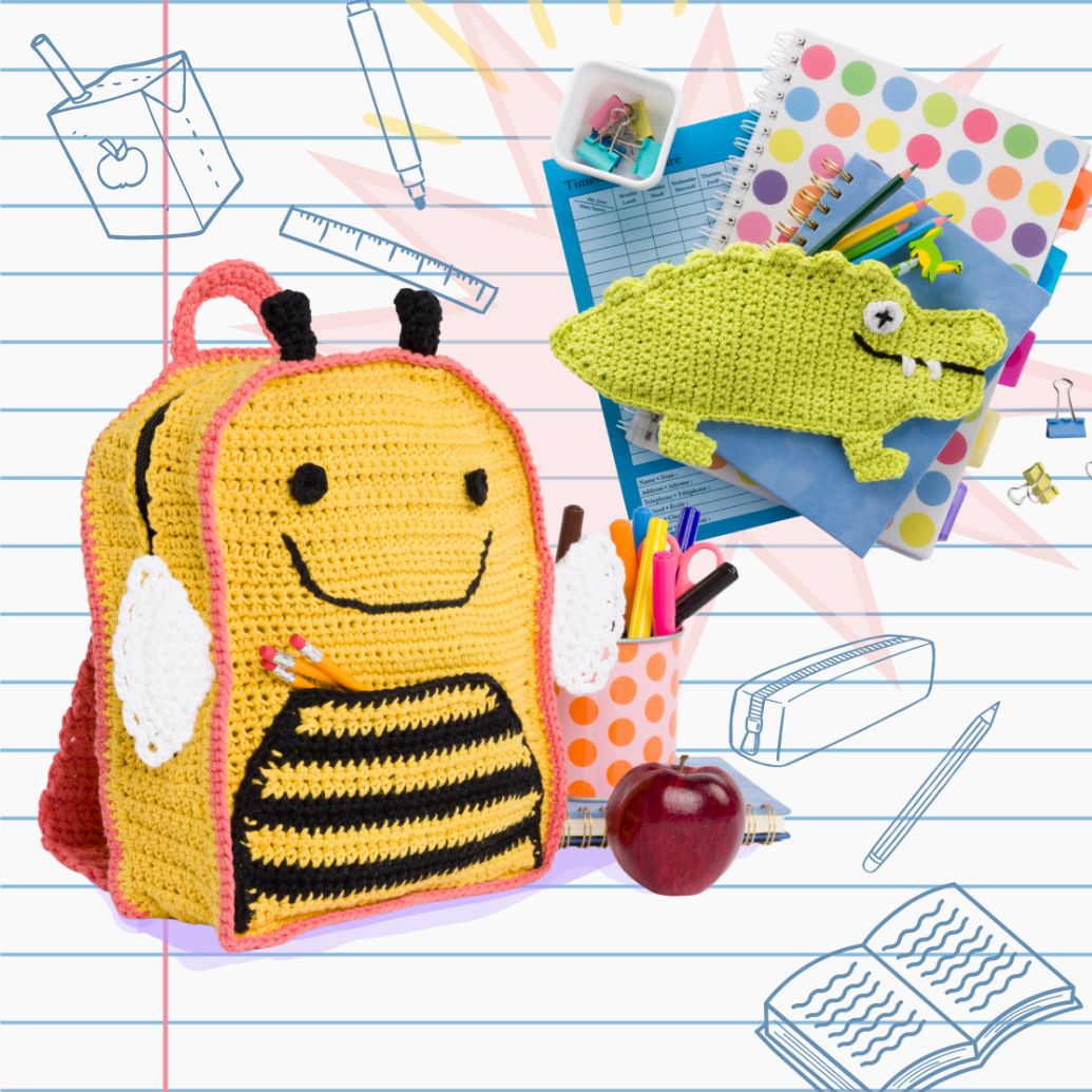 Back to school crochet and knit pattern collection featuring handmade items crafted with Lily Sugar'n Cream yarn.