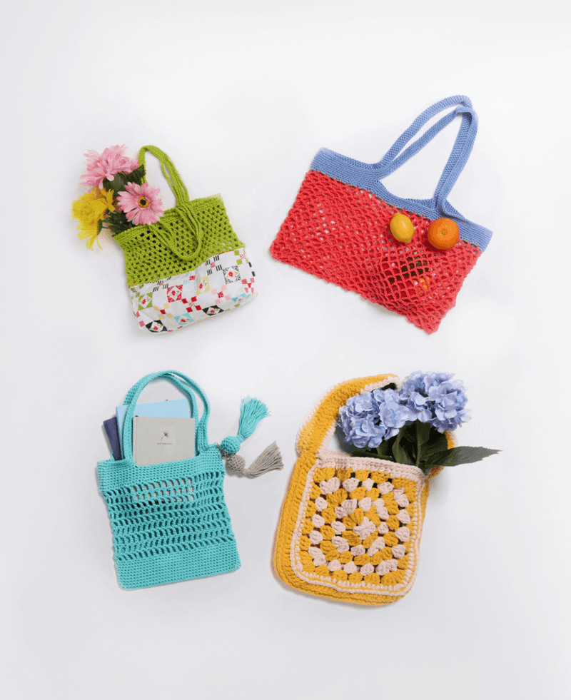 Four Crochet Bags crafted using Yarnspirations Yarn featured in Tote-ally Eco Chic pattern collection banner.