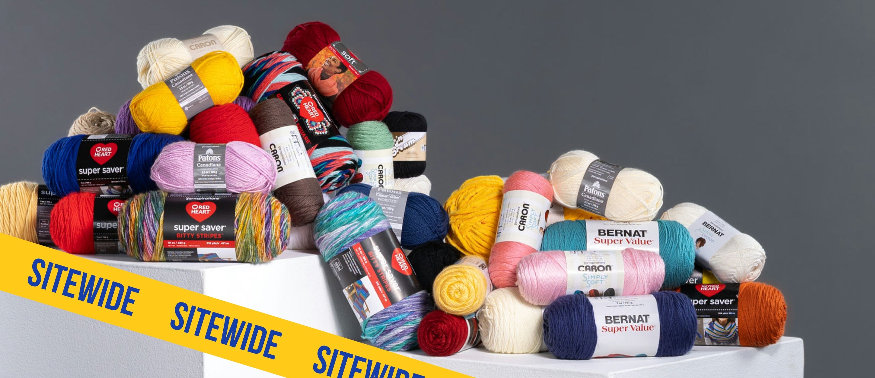 Sitewide yarn sale promotion featuring assorted yarn skeins.