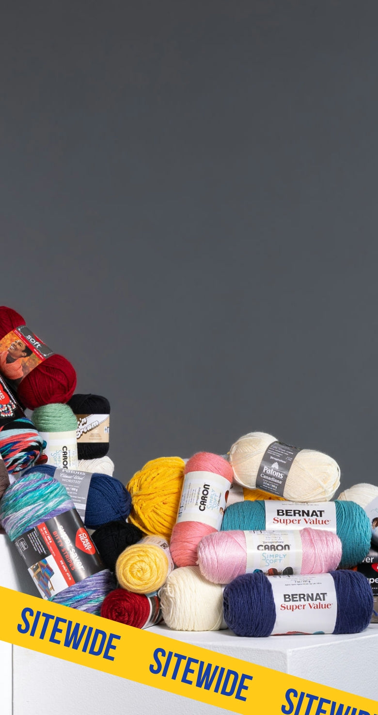 Sitewide yarn sale promotion featuring assorted yarn skeins.