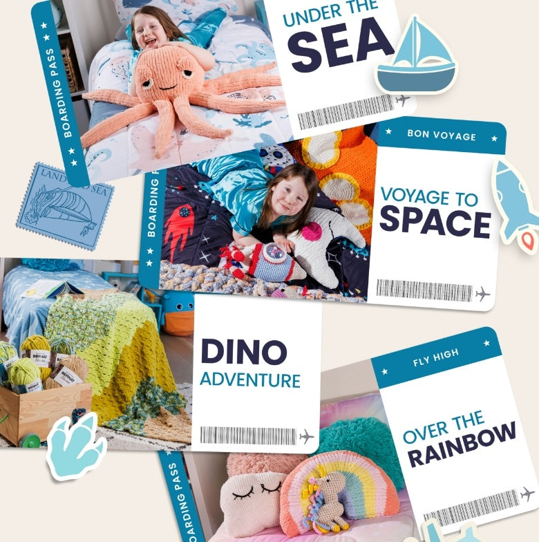 Four amazing travel-themed patterns displayed in a boarding pass-inspired design on a pattern collection banner.