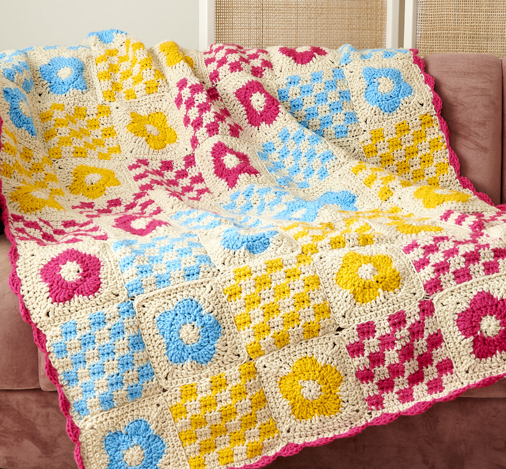 Flower and checks blue pink yellow and cream blanket