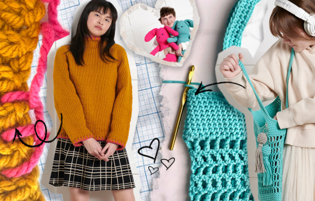 Beginner sweater, ruby rabbit, and beginner tote bag in scrapbook collage