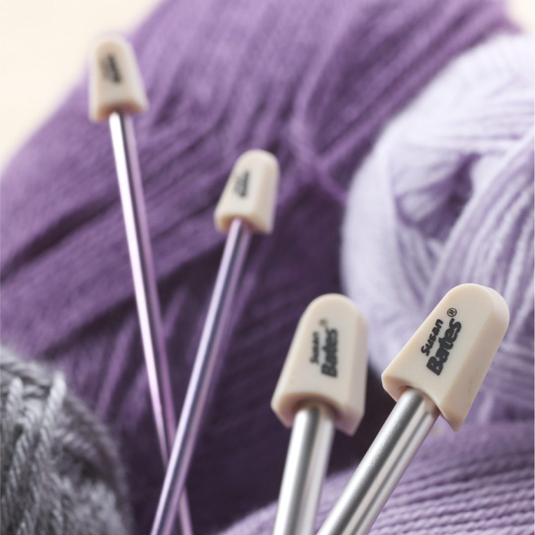 purple and silver single point knitting needles