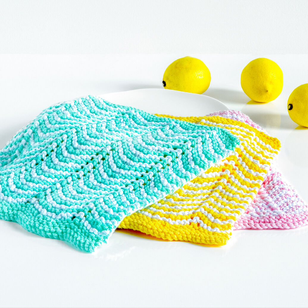 Zig Zag Knit Dishcloth in blue, yellow, and pink