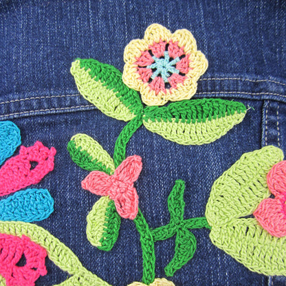 Aunt Lydia's Be-Flowered Denim Jacket Crochet Appliqué made in Aunt Lydia's Classic Crochet Thread yarn