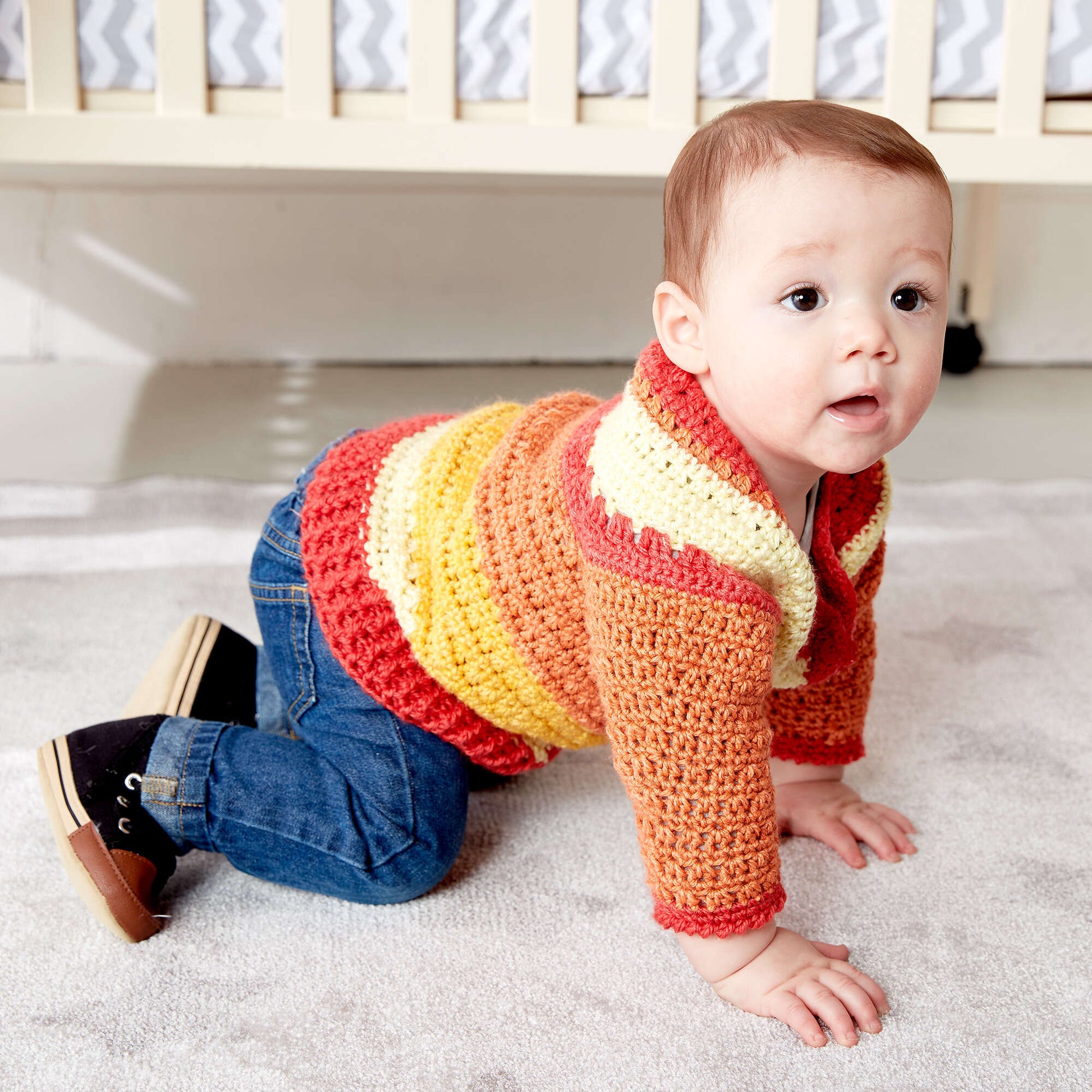 Free Bernat Crochet Baby Stripes Sweater Pattern
