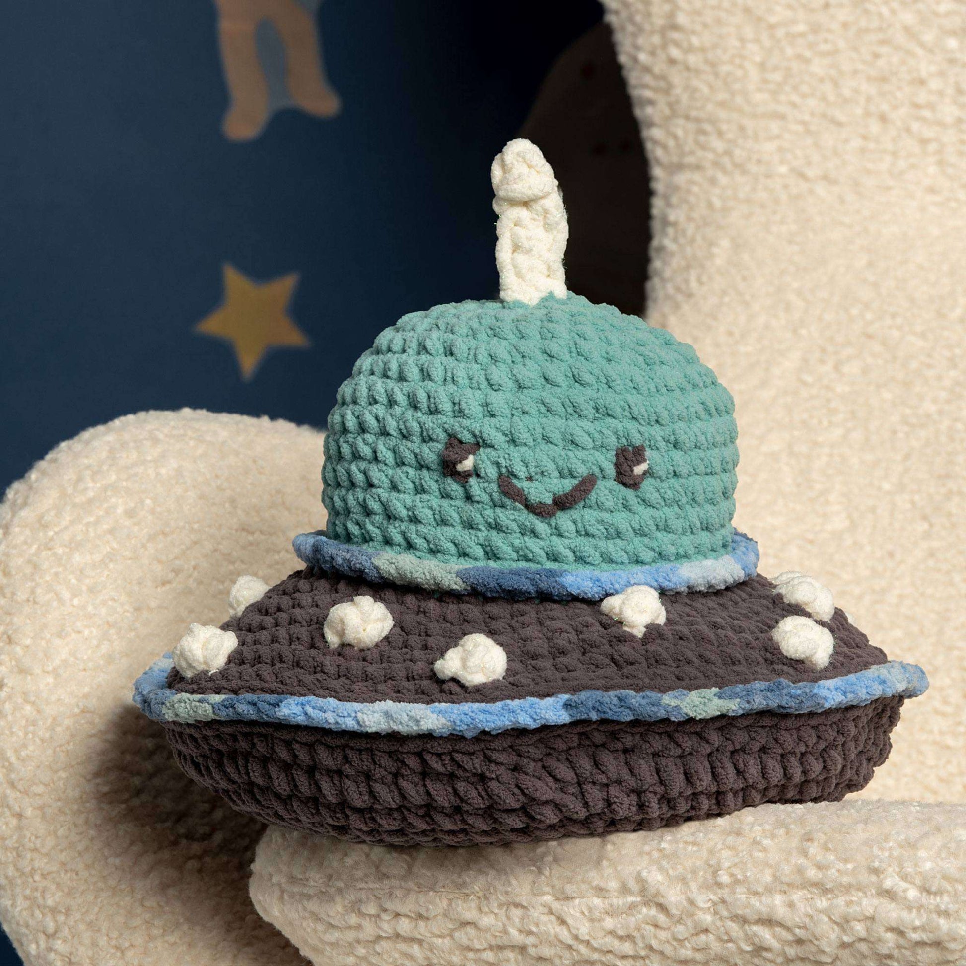 Bernat I Want To Believe Crochet Ufo Stuffie Crochet Toy made in Bernat Baby Blanket Sparkle yarn