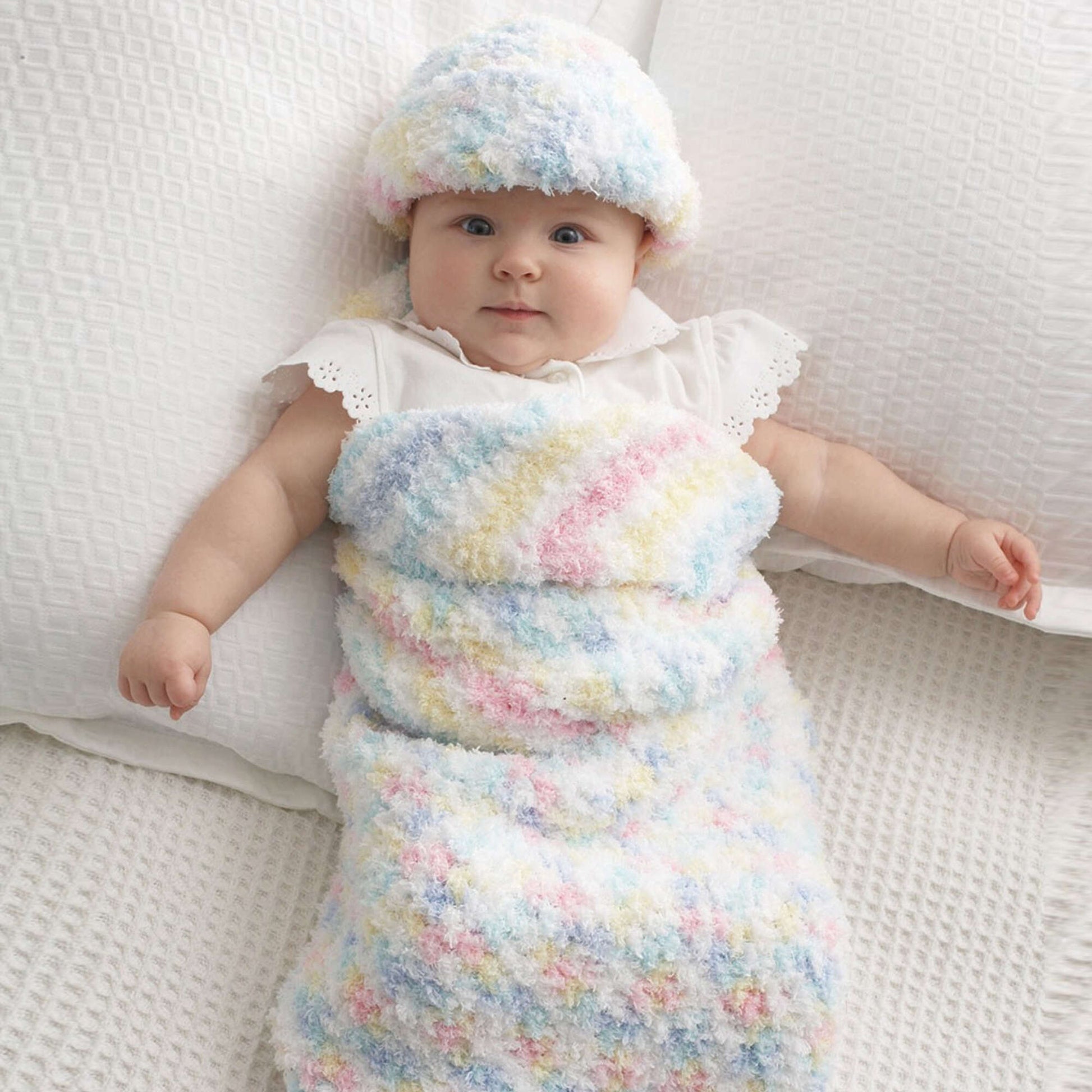 Bernat Baby Cocoon And Hat Crochet Bunting Bag made in Bernat Pipsqueak yarn
