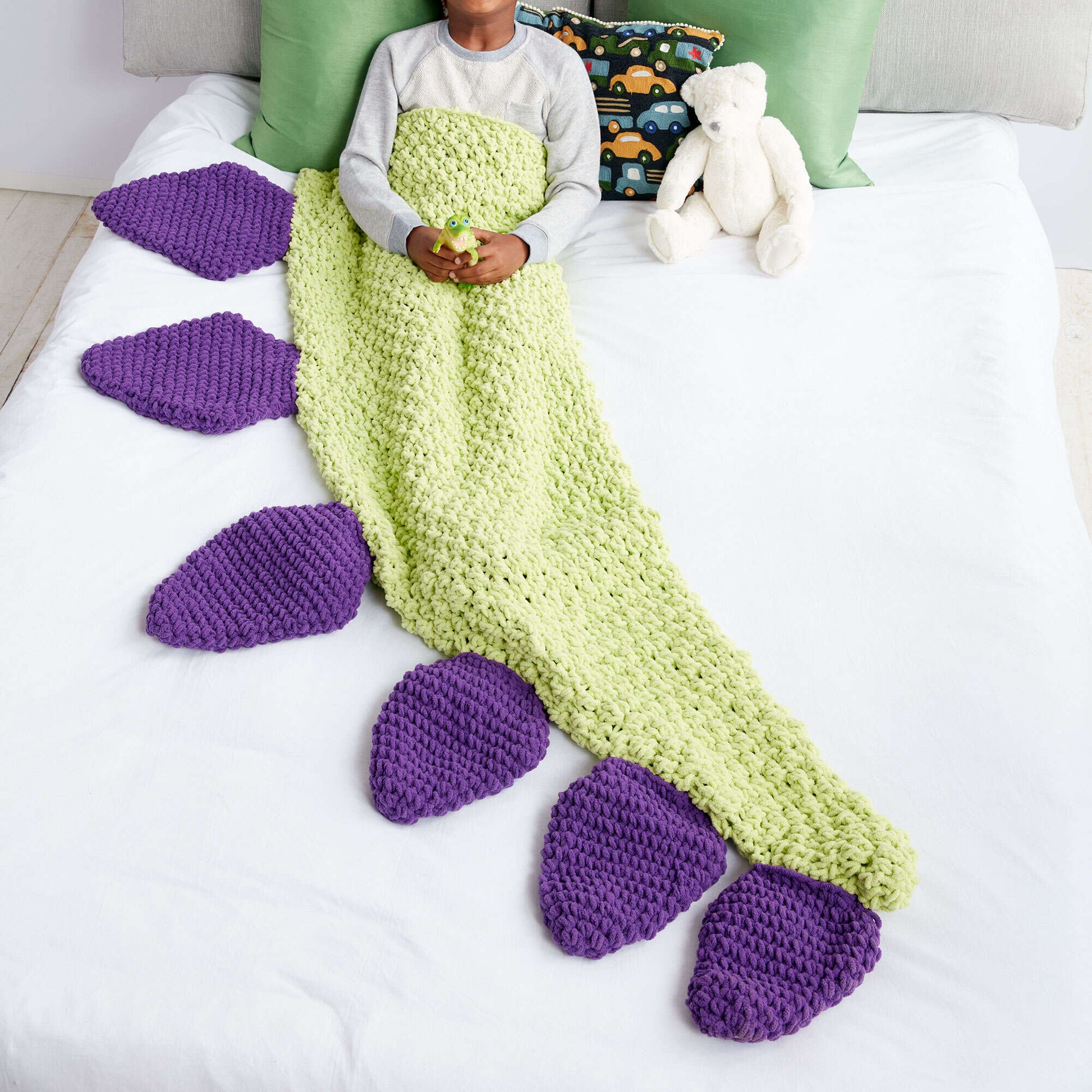 Bernat Dino Tail Crochet Snuggle Sack Crochet Blanket made in Bernat Baby Blanket yarn