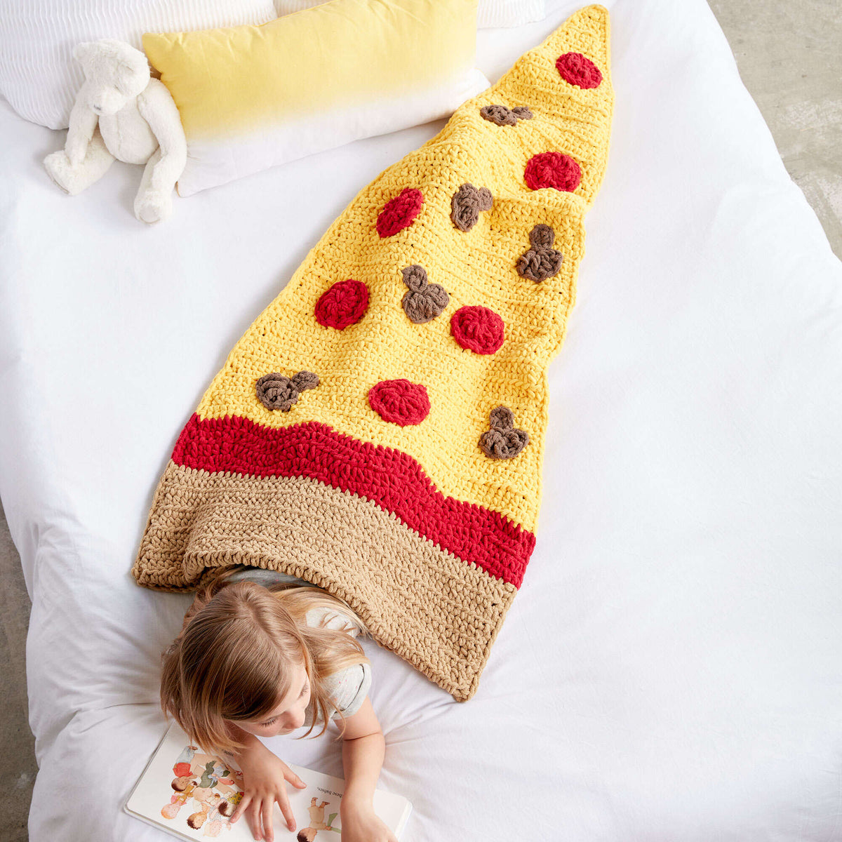 Crochet Pizza Party Snuggle Sack made in Bernat Blanket Yarn