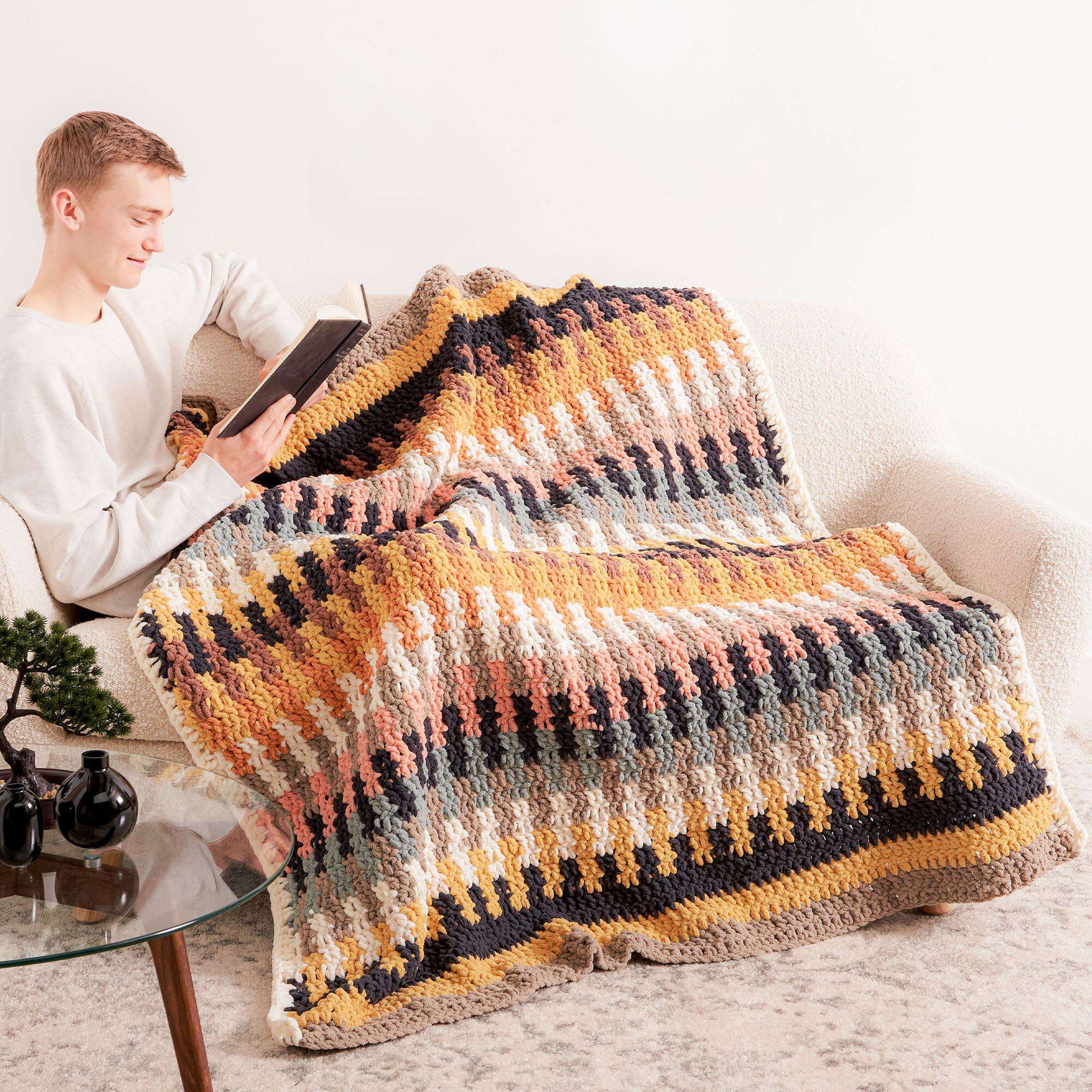 Free Bernat Striped Blocks Crochet Blanket Pattern
