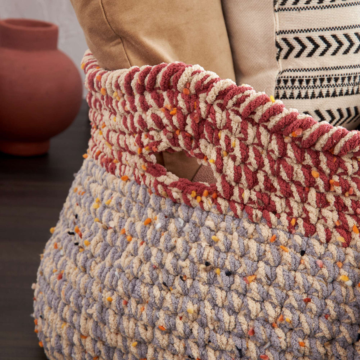 Crochet Basket made in Bernat Blanket Confetti yarn