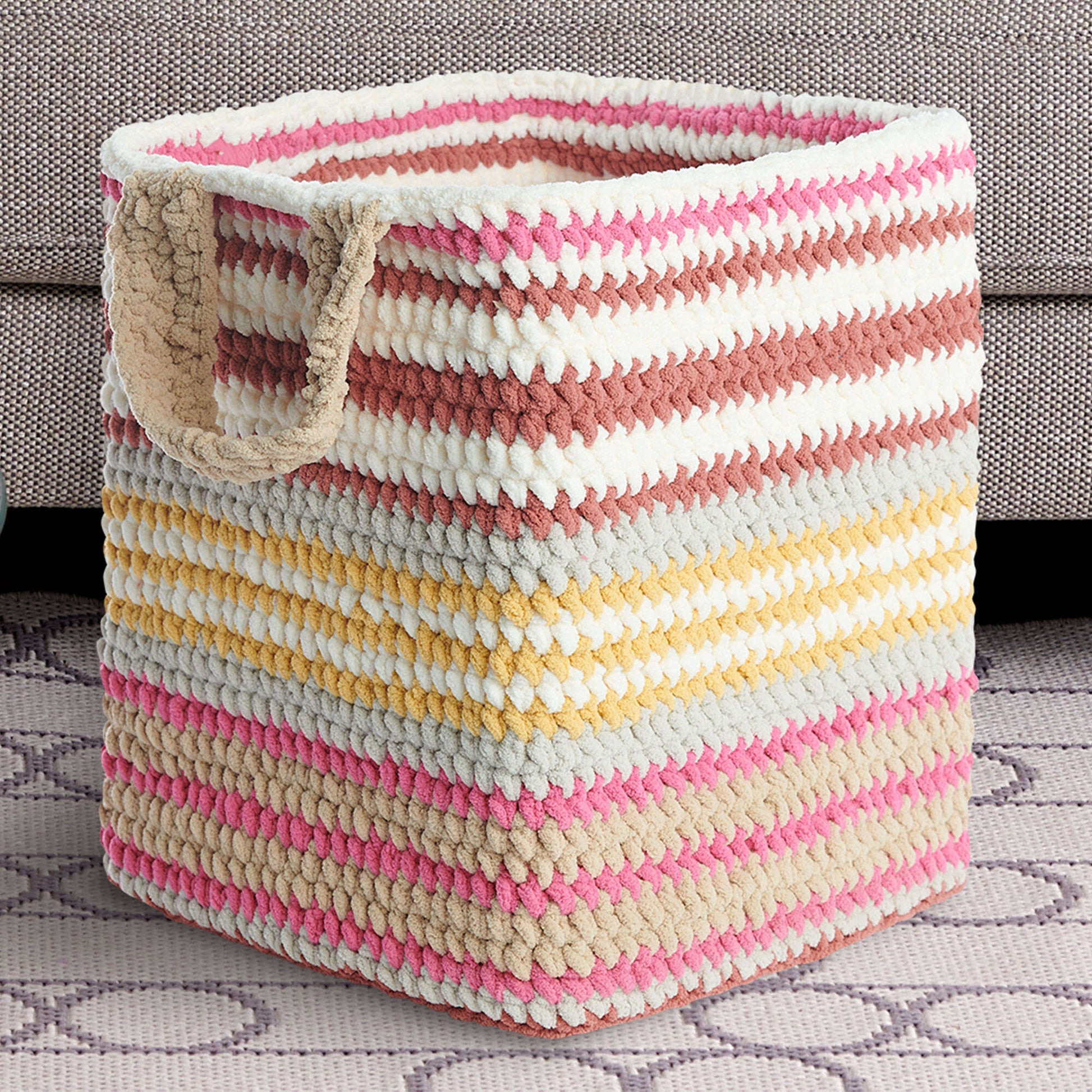 Free Bernat Crochet Boxy Striped Basket Pattern