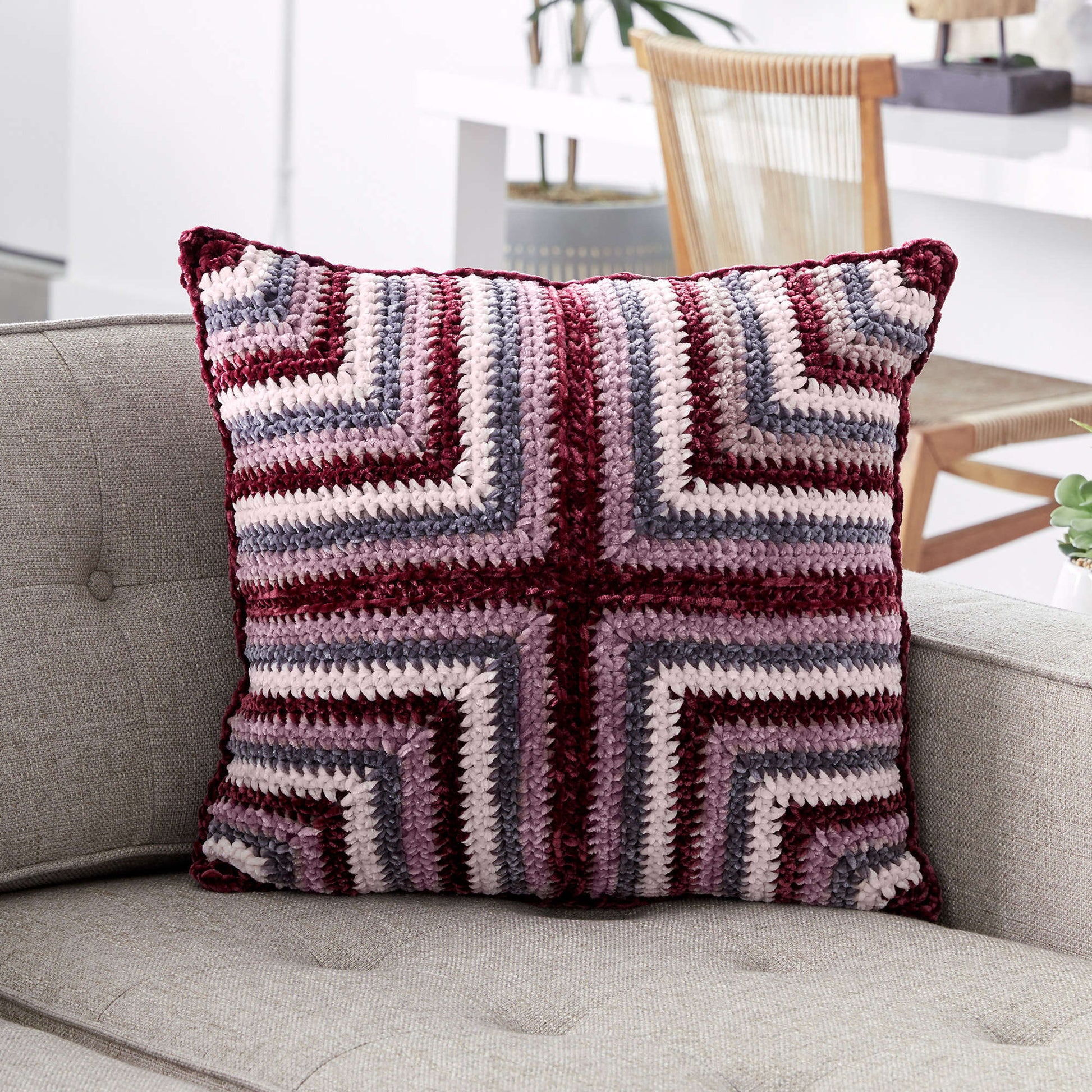 Bernat Mitered Squares Crochet Cushion Crochet Pillow made in Bernat Velvet yarn