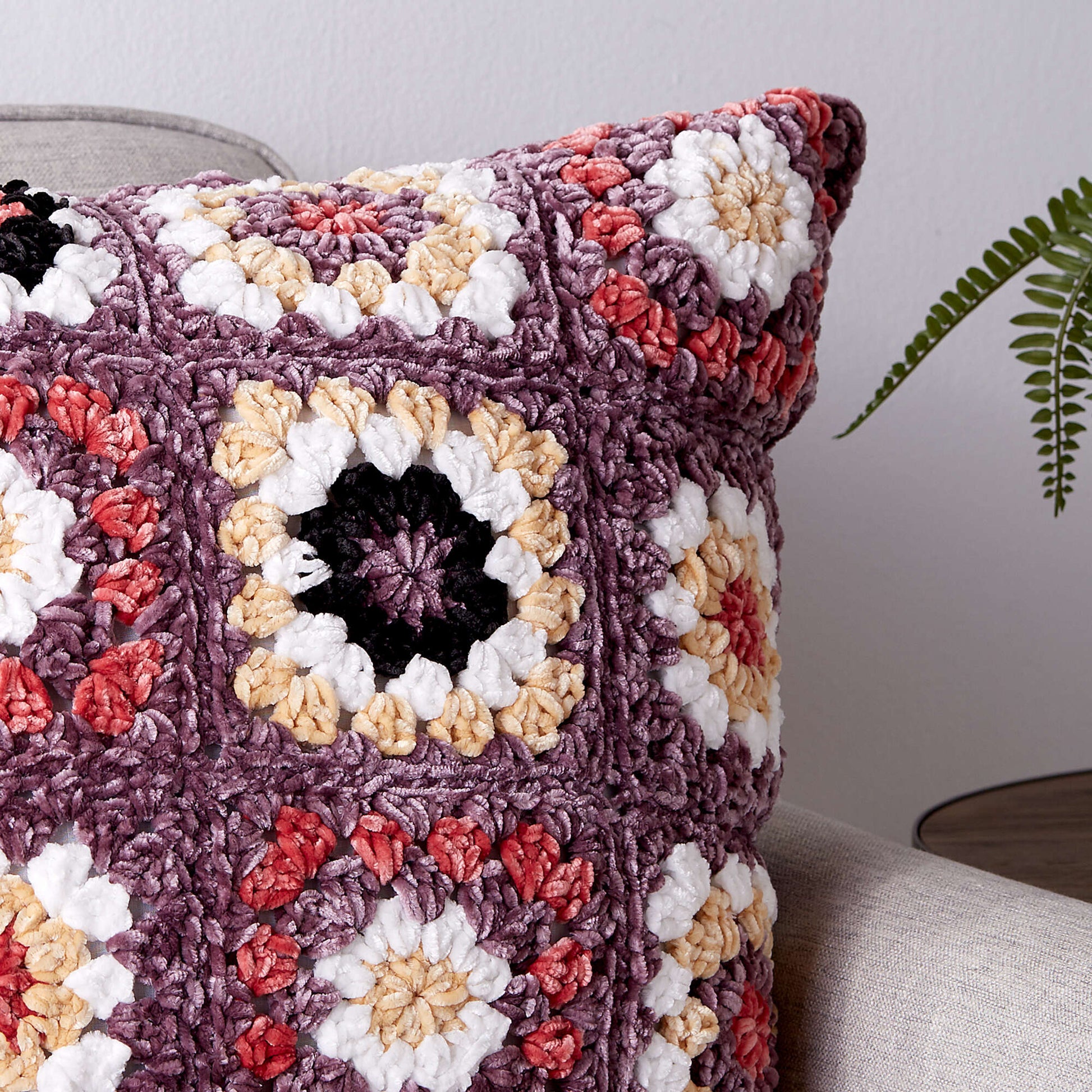 Bernat Pretty Granny Square Pillow Crochet Pillow made in Bernat Velvet yarn